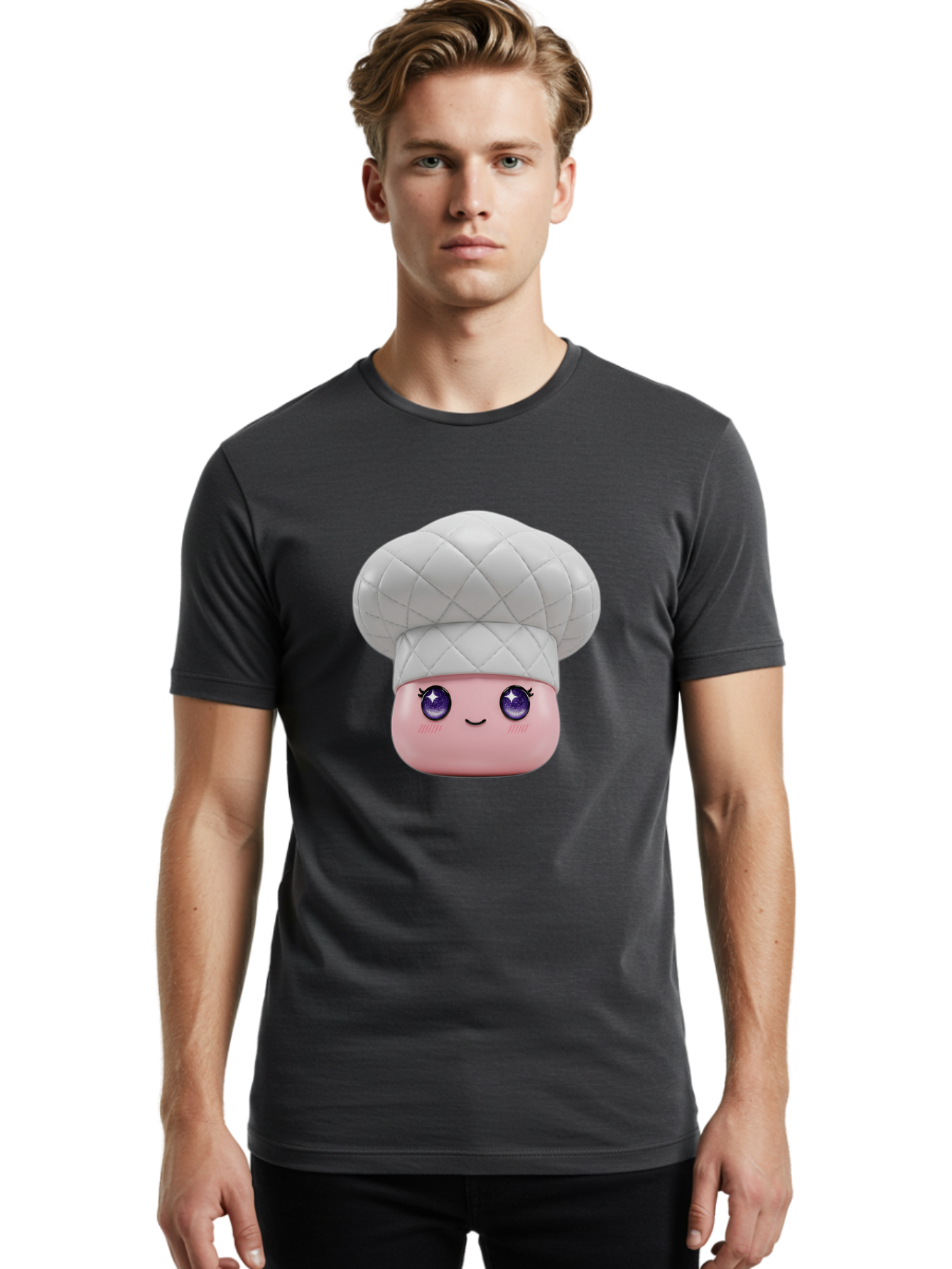 Chef-Hat-Face-1 Men'S Graphic Tee, 100% Cotton, Comfortable Casual Summer Wear, Machine Washable, Pink Face, Chef Hat, Cartoon Style, Purple Eyes, Eyelashes, Smiling Face, Cute Character, Cooking Theme, Culinary Art, Adorable Design, Bac831