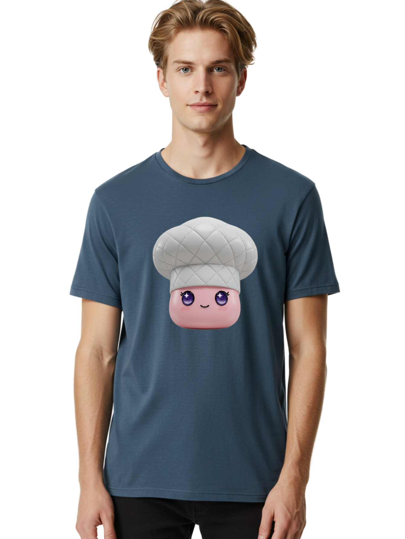 Chef-Hat-Face-1 Men'S Graphic Tee, 100% Cotton, Comfortable Casual Summer Wear, Machine Washable, Pink Face, Chef Hat, Cartoon Style, Purple Eyes, Eyelashes, Smiling Face, Cute Character, Cooking Theme, Culinary Art, Adorable Design, Bac831