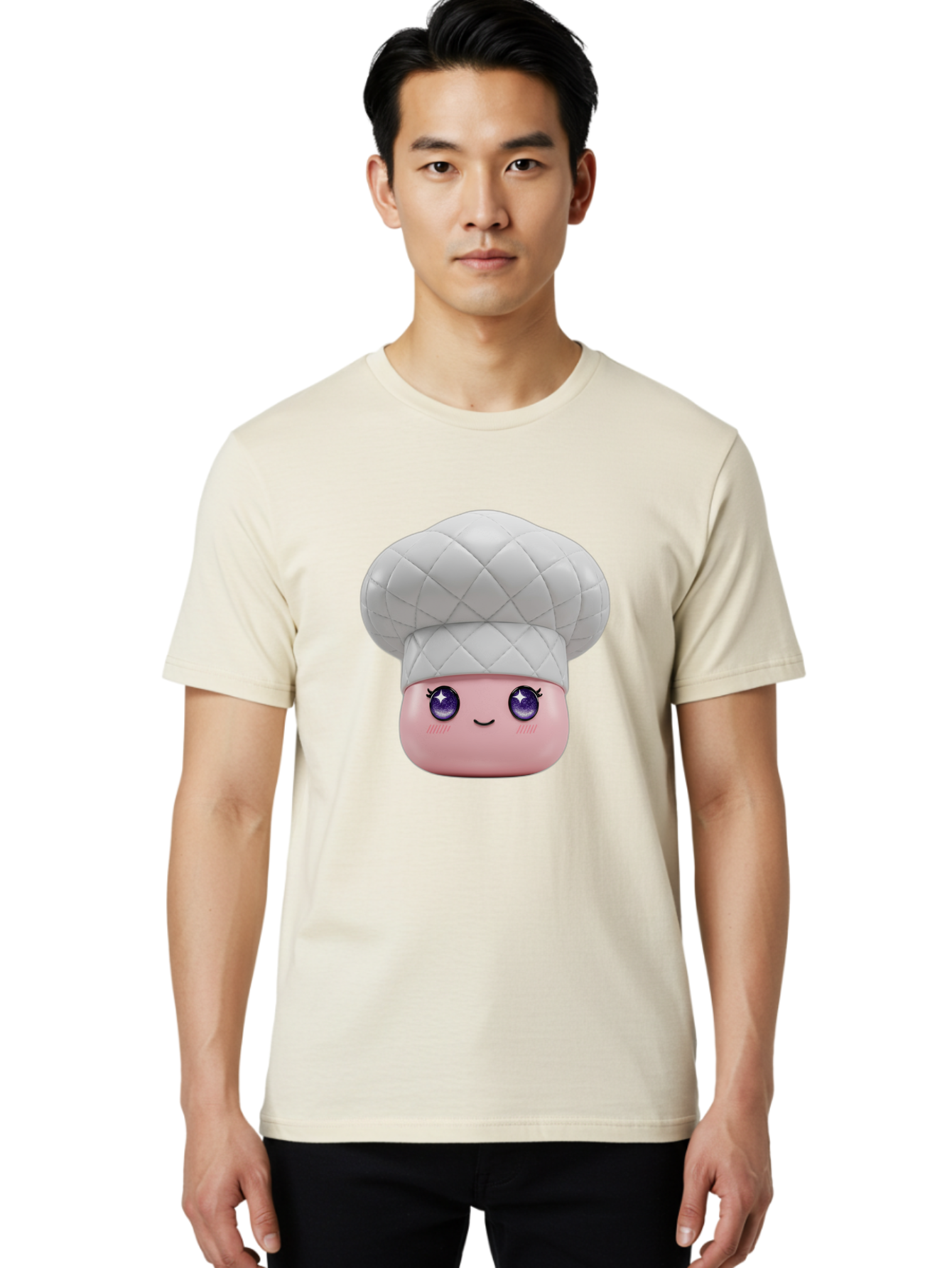 Chef-Hat-Face-1 Men'S Graphic Tee, 100% Cotton, Comfortable Casual Summer Wear, Machine Washable, Pink Face, Chef Hat, Cartoon Style, Purple Eyes, Eyelashes, Smiling Face, Cute Character, Cooking Theme, Culinary Art, Adorable Design, Bac831