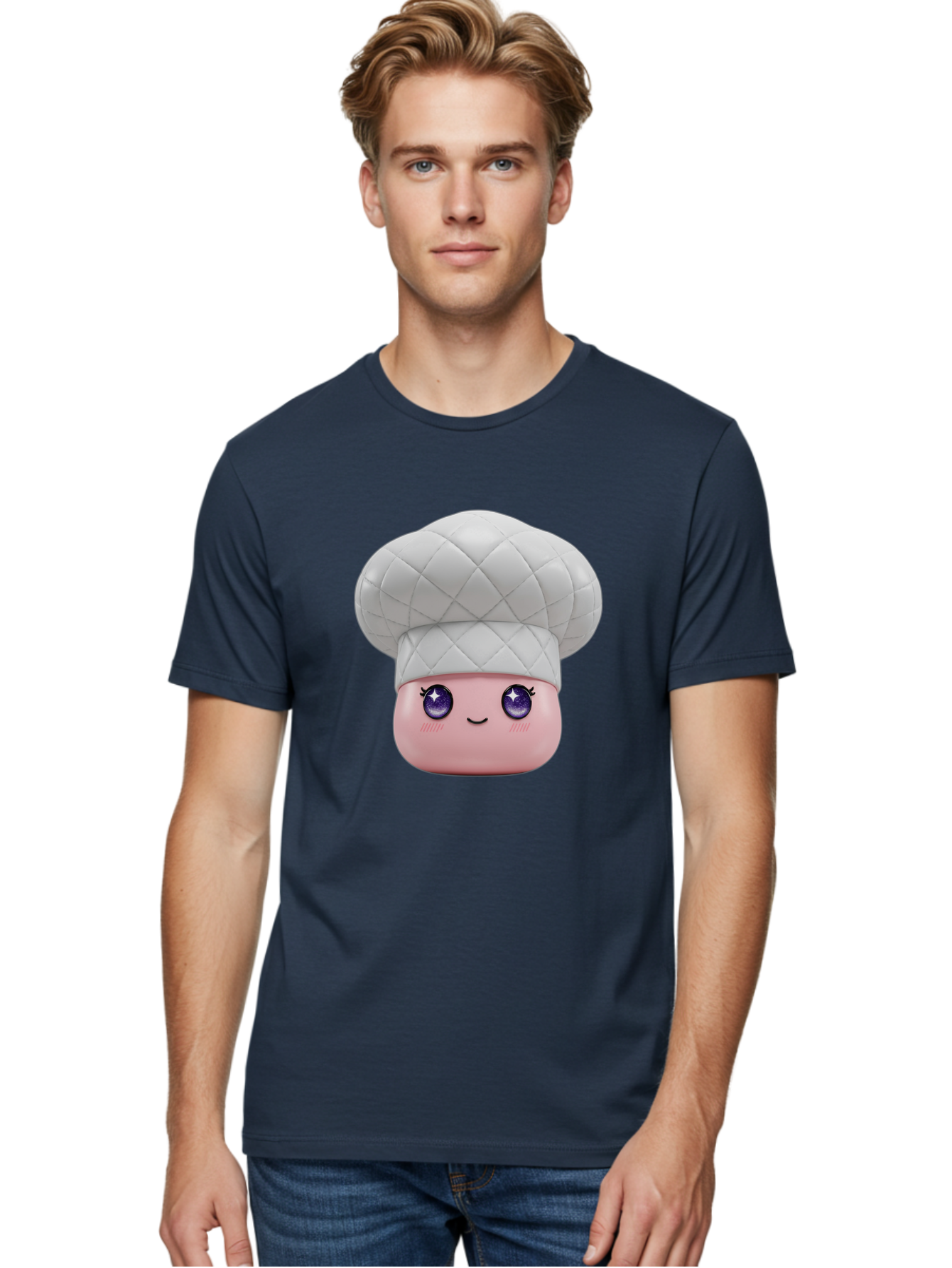 Chef-Hat-Face-1 Men'S Graphic Tee, 100% Cotton, Comfortable Casual Summer Wear, Machine Washable, Pink Face, Chef Hat, Cartoon Style, Purple Eyes, Eyelashes, Smiling Face, Cute Character, Cooking Theme, Culinary Art, Adorable Design, Bac831
