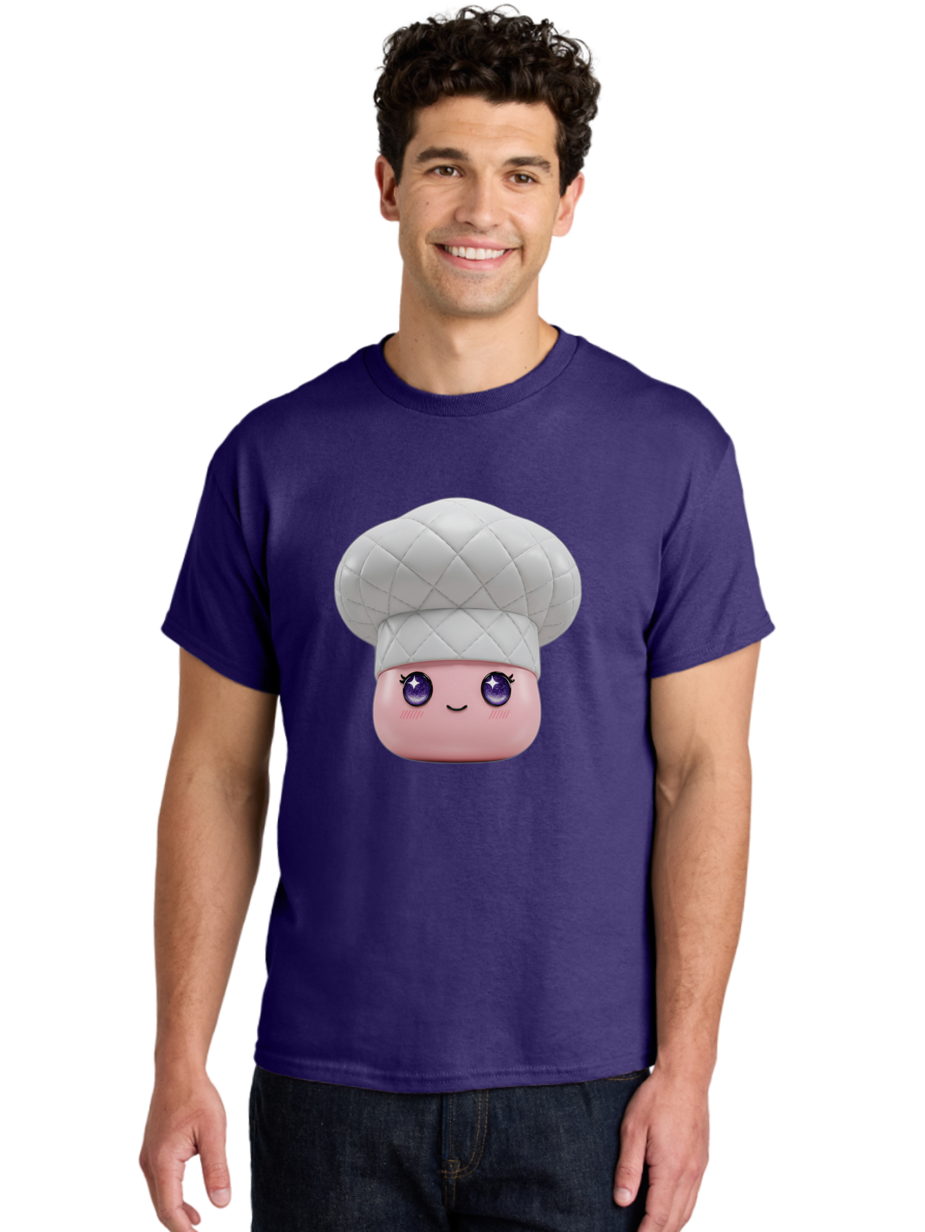 Chef-Hat-Face-1 Men'S Graphic Tee, 100% Cotton, Comfortable Casual Summer Wear, Machine Washable, Pink Face, Chef Hat, Cartoon Style, Purple Eyes, Eyelashes, Smiling Face, Cute Character, Cooking Theme, Culinary Art, Adorable Design, Bac831