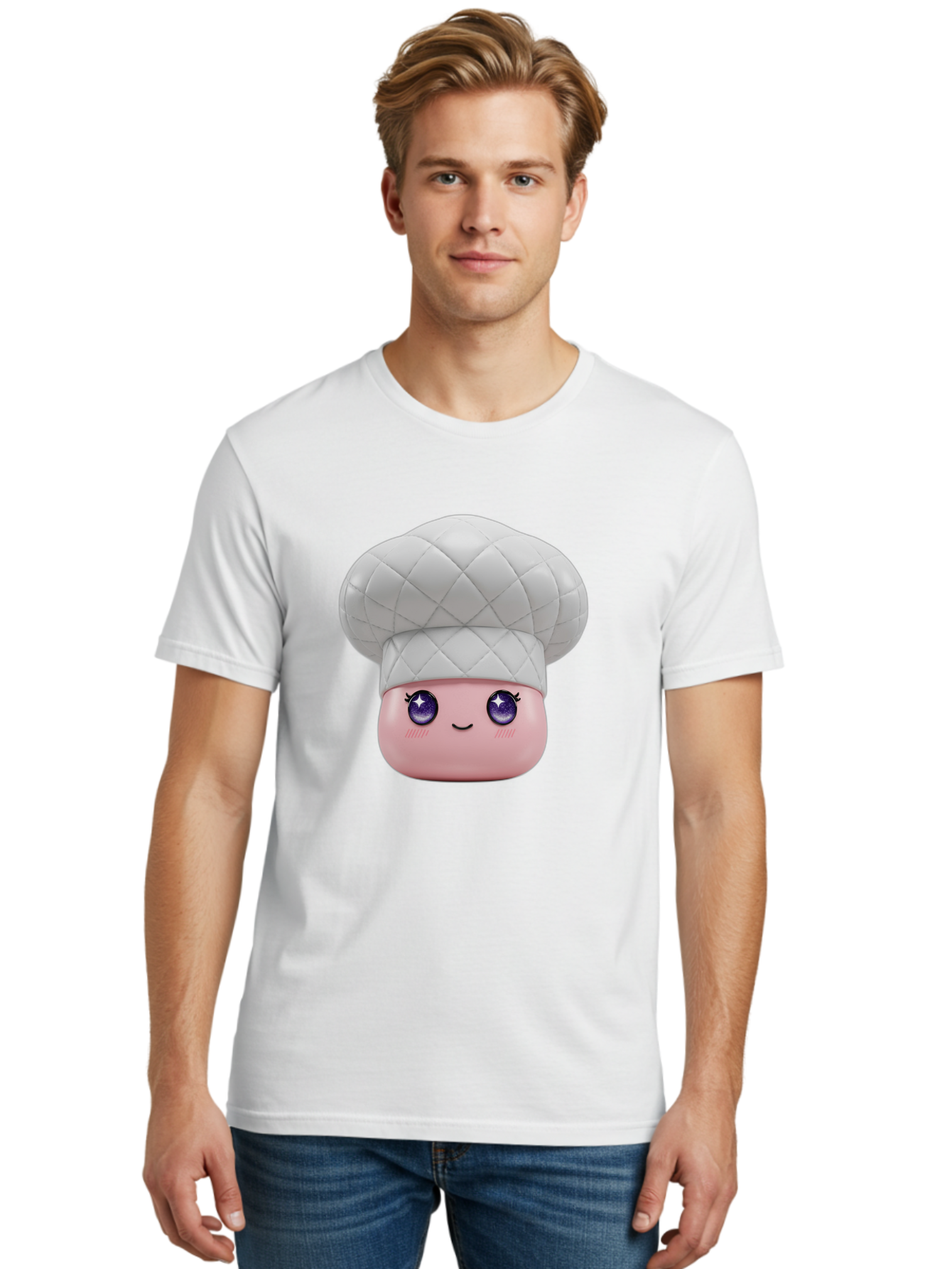 Chef-Hat-Face-1 Men'S Graphic Tee, 100% Cotton, Comfortable Casual Summer Wear, Machine Washable, Pink Face, Chef Hat, Cartoon Style, Purple Eyes, Eyelashes, Smiling Face, Cute Character, Cooking Theme, Culinary Art, Adorable Design, Bac831