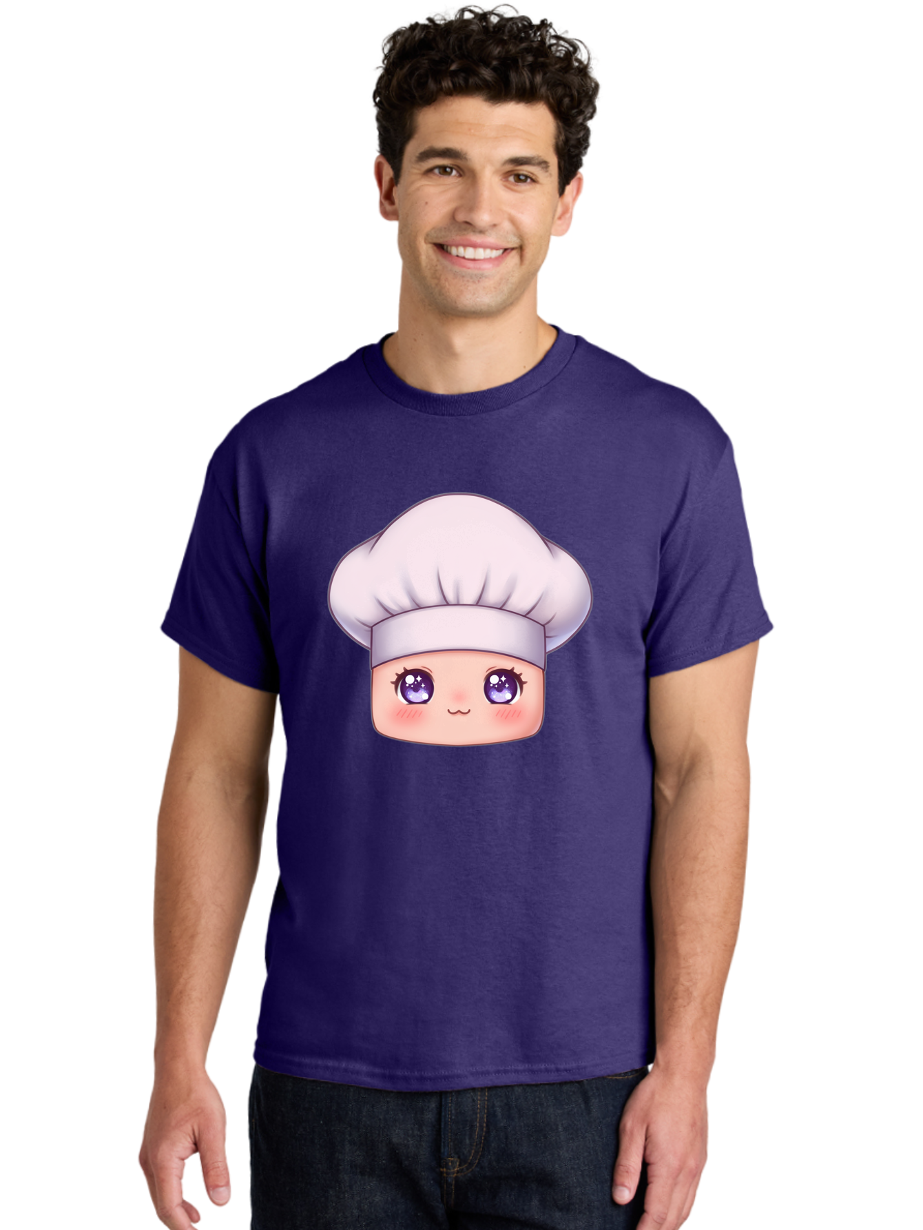 Chef-Hat-Face Men'S Graphic Tee, 100% Cotton, Comfortable Casual Summer Wear, Machine Washable, Cartoon Chef, Cute Face, Purple Eyes, Chef Hat, Cooking, Kawaii, Chef Character, Adorable, Kitchen, Culinary Bac832