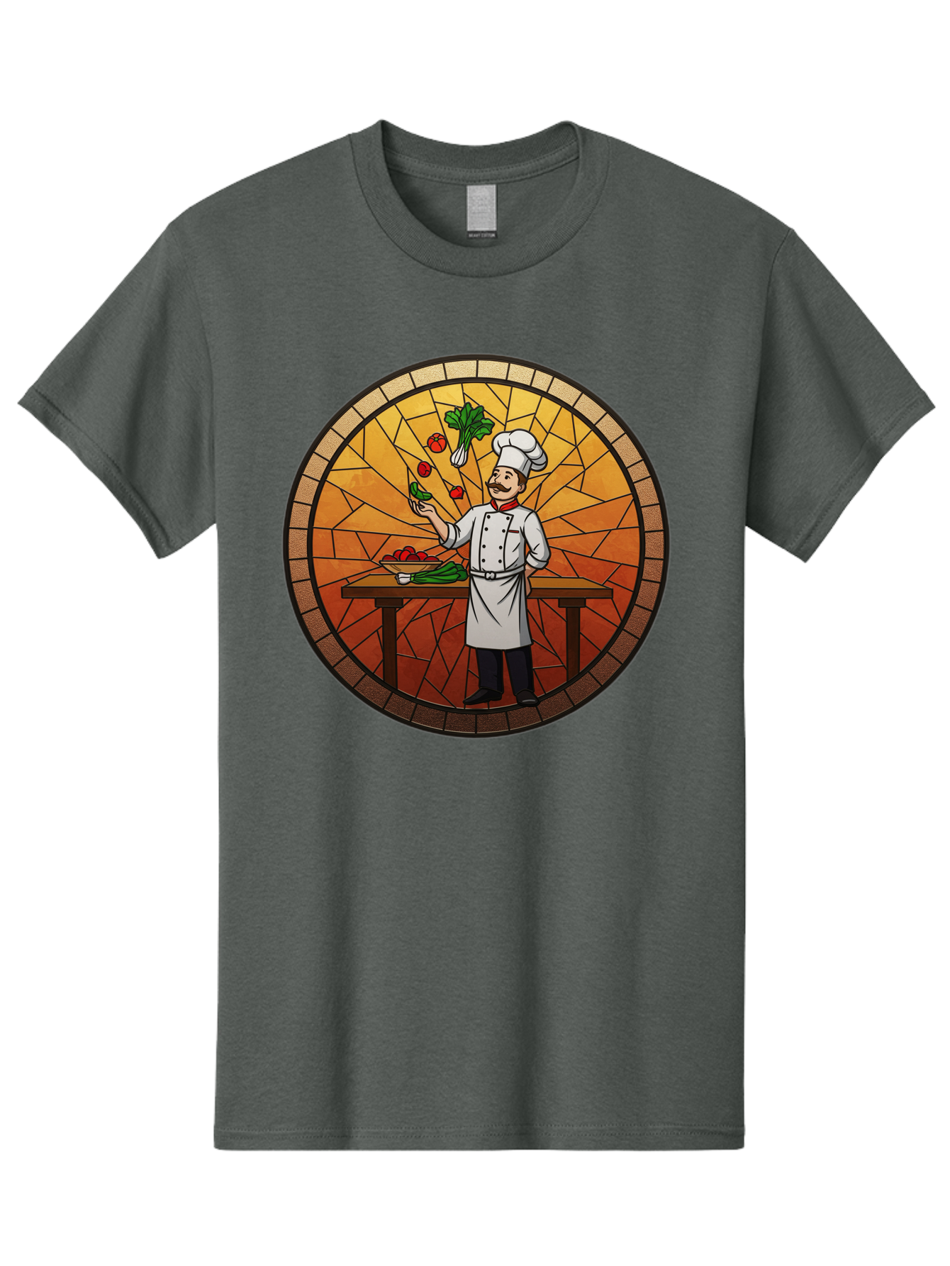 Chef-Juggling-Vegetables Men'S Graphic Tee, 100% Cotton, Comfortable Casual Summer Wear, Machine Washable, Chef Juggling Vegetables, Cooking Art, Stained Glass Style, Culinary Skills, Kitchen Scene, Fresh Produce, Chef'S Hat, Cooking Uniform Bac833
