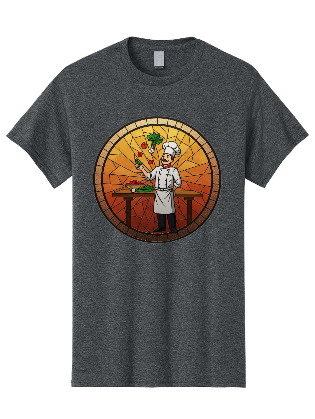Chef-Juggling-Vegetables Men'S Graphic Tee, 100% Cotton, Comfortable Casual Summer Wear, Machine Washable, Chef Juggling Vegetables, Cooking Art, Stained Glass Style, Culinary Skills, Kitchen Scene, Fresh Produce, Chef'S Hat, Cooking Uniform Bac833