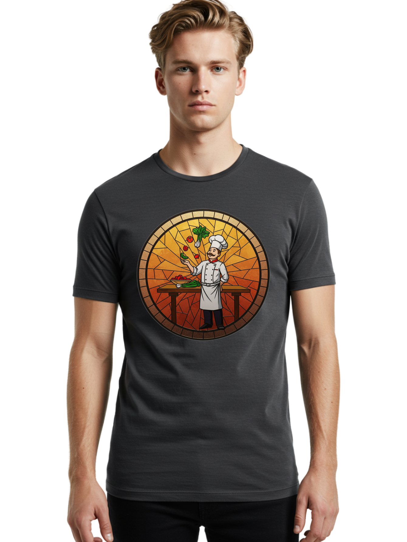 Chef-Juggling-Vegetables Men'S Graphic Tee, 100% Cotton, Comfortable Casual Summer Wear, Machine Washable, Chef Juggling Vegetables, Cooking Art, Stained Glass Style, Culinary Skills, Kitchen Scene, Fresh Produce, Chef'S Hat, Cooking Uniform Bac833