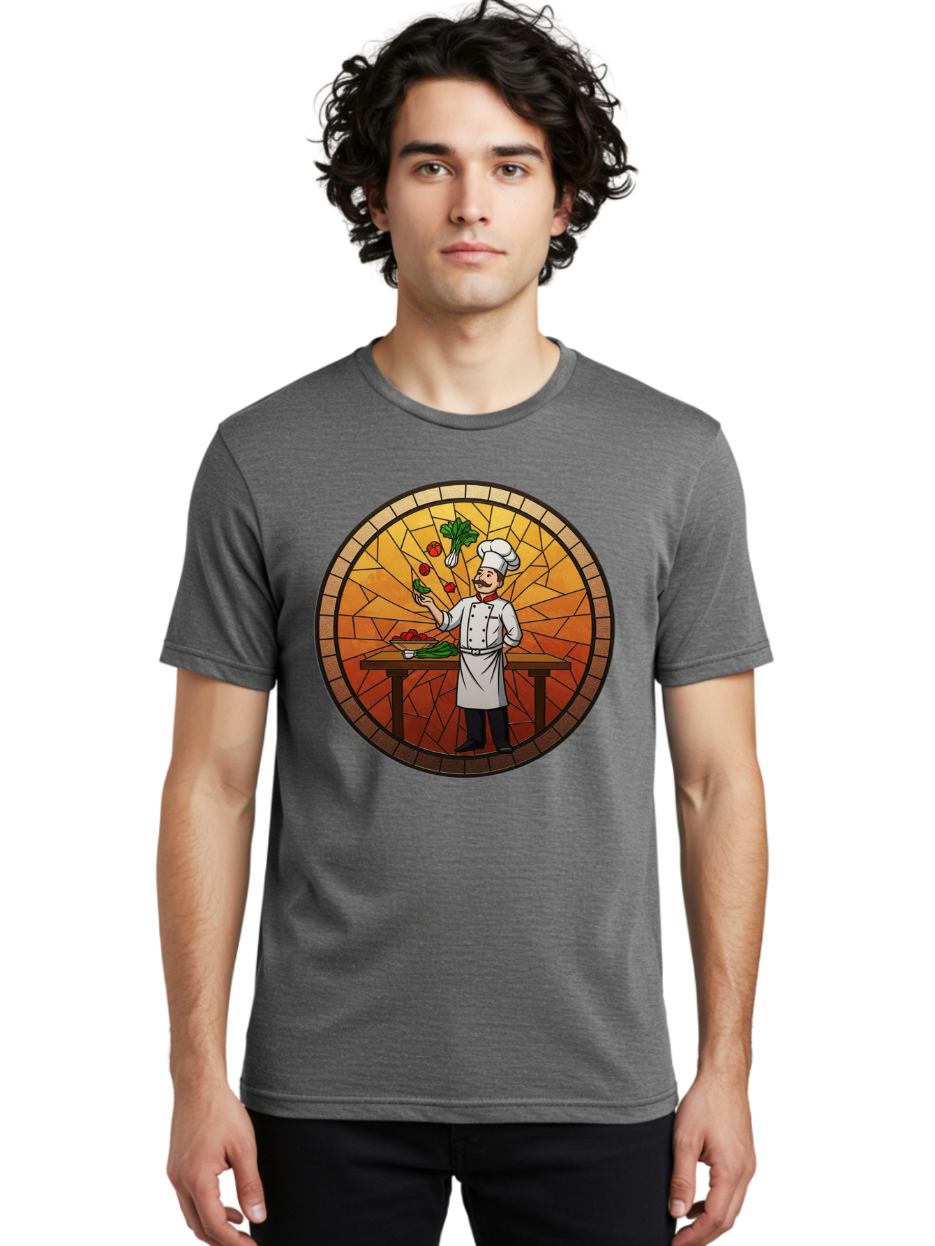 Chef-Juggling-Vegetables Men'S Graphic Tee, 100% Cotton, Comfortable Casual Summer Wear, Machine Washable, Chef Juggling Vegetables, Cooking Art, Stained Glass Style, Culinary Skills, Kitchen Scene, Fresh Produce, Chef'S Hat, Cooking Uniform Bac833
