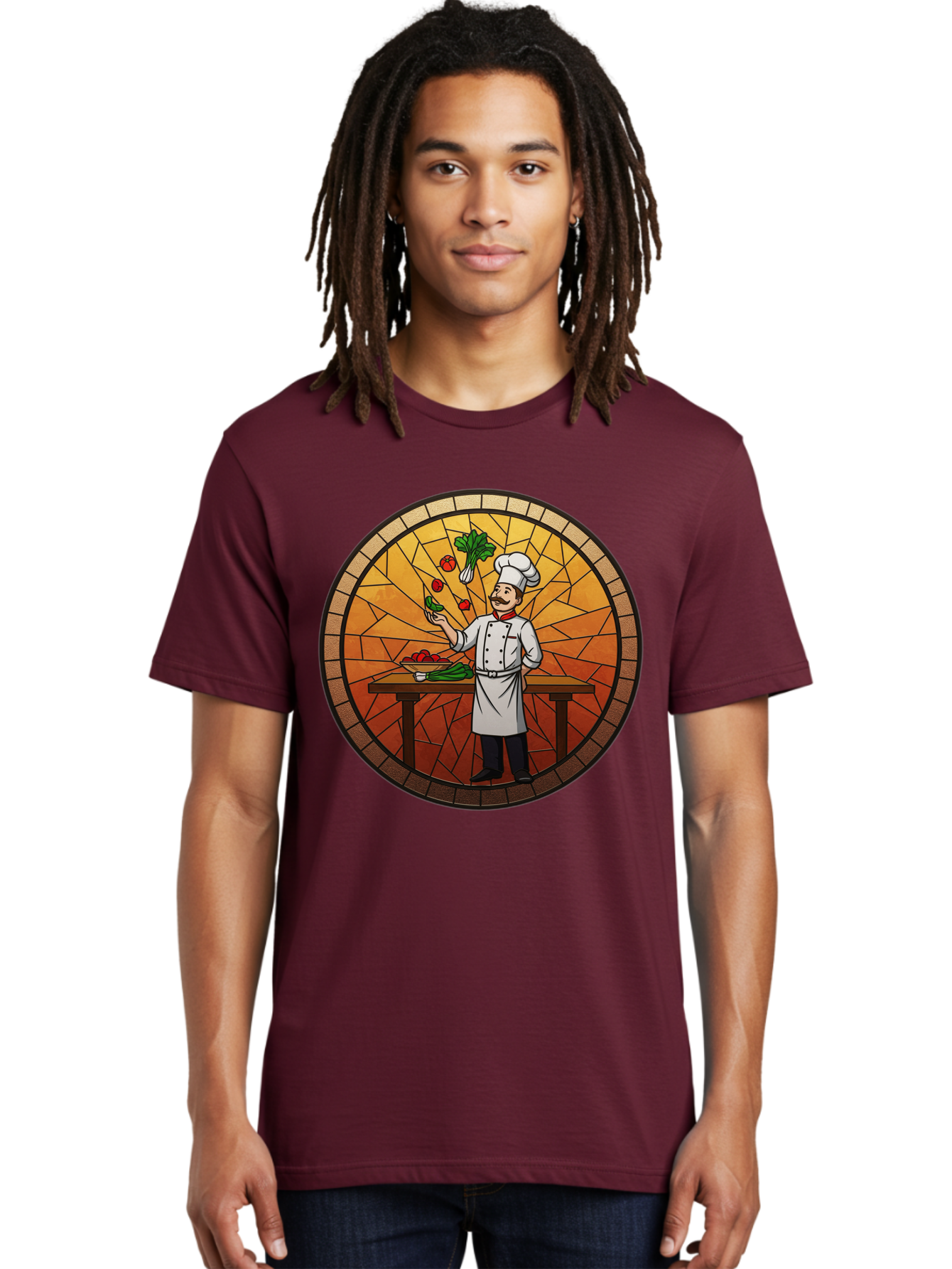 Chef-Juggling-Vegetables Men'S Graphic Tee, 100% Cotton, Comfortable Casual Summer Wear, Machine Washable, Chef Juggling Vegetables, Cooking Art, Stained Glass Style, Culinary Skills, Kitchen Scene, Fresh Produce, Chef'S Hat, Cooking Uniform Bac833