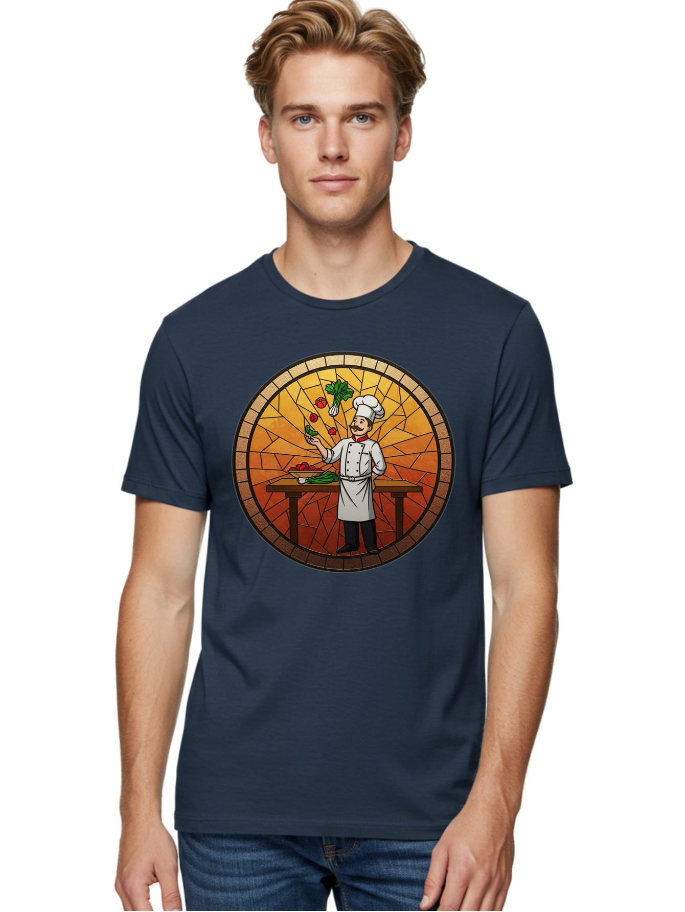 Chef-Juggling-Vegetables Men'S Graphic Tee, 100% Cotton, Comfortable Casual Summer Wear, Machine Washable, Chef Juggling Vegetables, Cooking Art, Stained Glass Style, Culinary Skills, Kitchen Scene, Fresh Produce, Chef'S Hat, Cooking Uniform Bac833