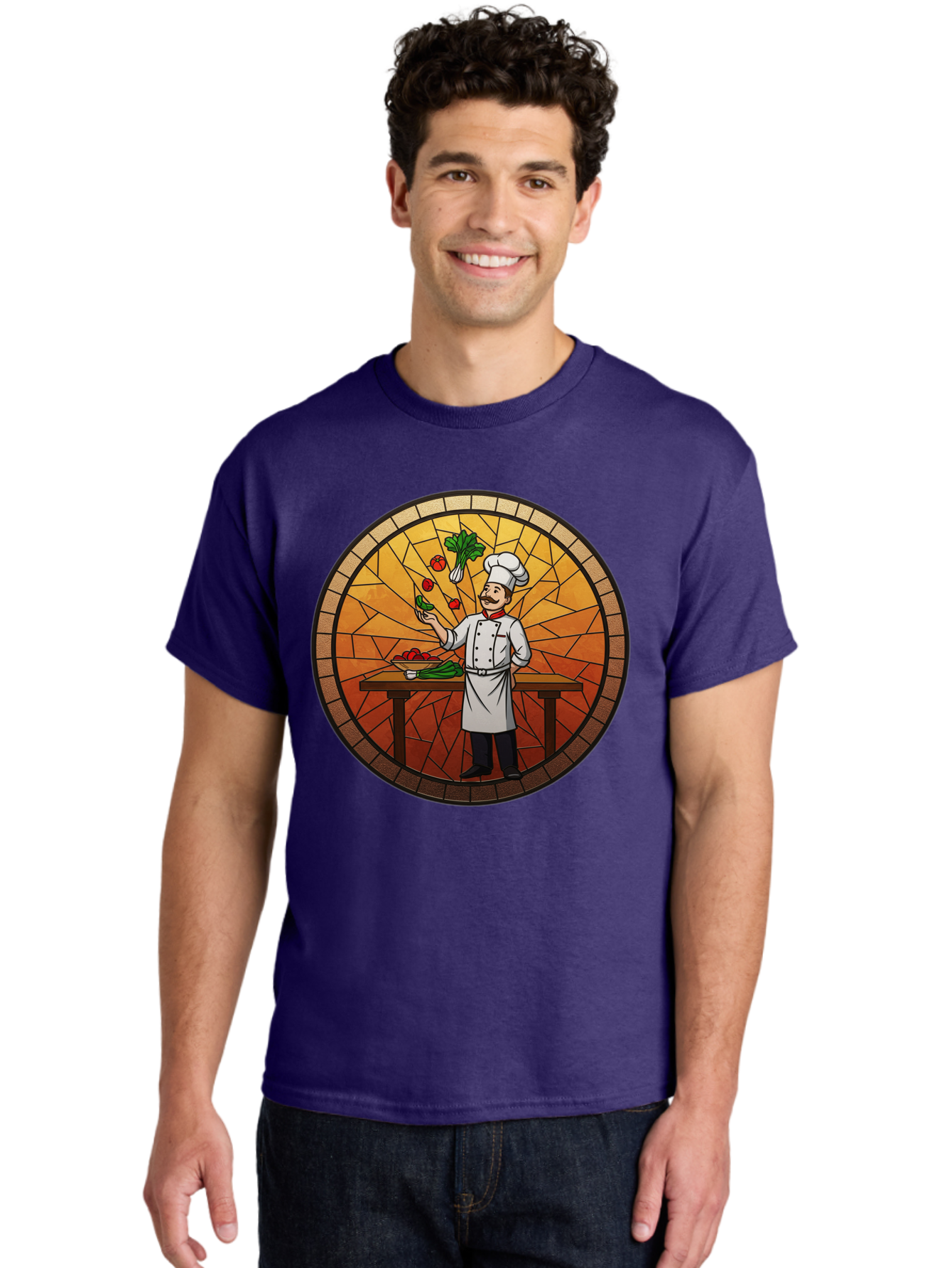 Chef-Juggling-Vegetables Men'S Graphic Tee, 100% Cotton, Comfortable Casual Summer Wear, Machine Washable, Chef Juggling Vegetables, Cooking Art, Stained Glass Style, Culinary Skills, Kitchen Scene, Fresh Produce, Chef'S Hat, Cooking Uniform Bac833