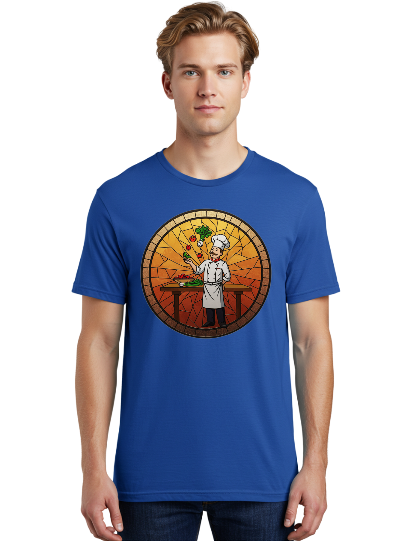 Chef-Juggling-Vegetables Men'S Graphic Tee, 100% Cotton, Comfortable Casual Summer Wear, Machine Washable, Chef Juggling Vegetables, Cooking Art, Stained Glass Style, Culinary Skills, Kitchen Scene, Fresh Produce, Chef'S Hat, Cooking Uniform Bac833