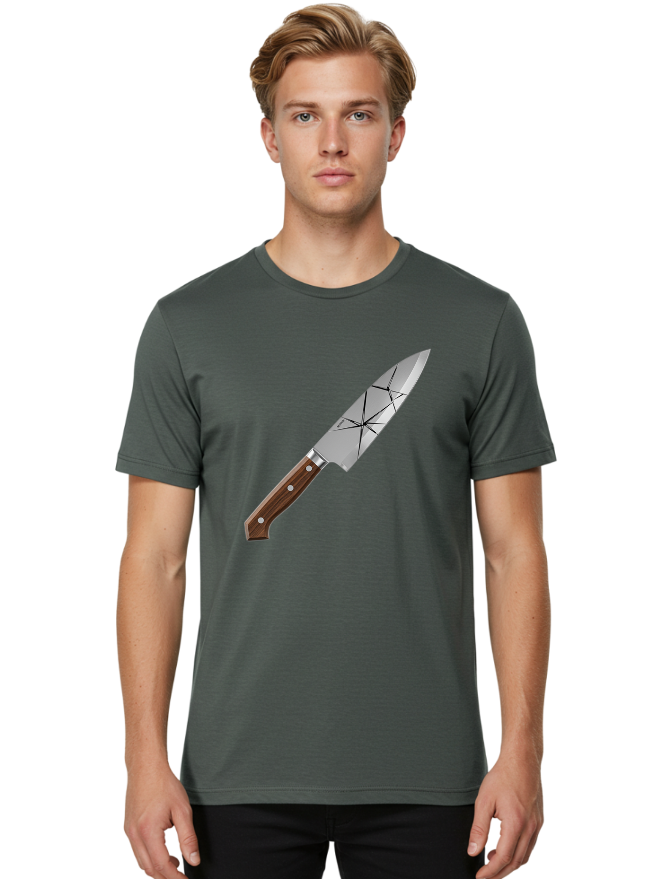 Chef-Knife-1 Men'S Graphic Tee, 100% Cotton, Comfortable Casual Summer Wear, Machine Washable, Sharp Knife, Kitchen Knife, Chef'S Knife, Stainless Steel, Wooden Handle, Silver Rivets, Geometric Pattern, Modern Design, Cutting Tool, Bac834