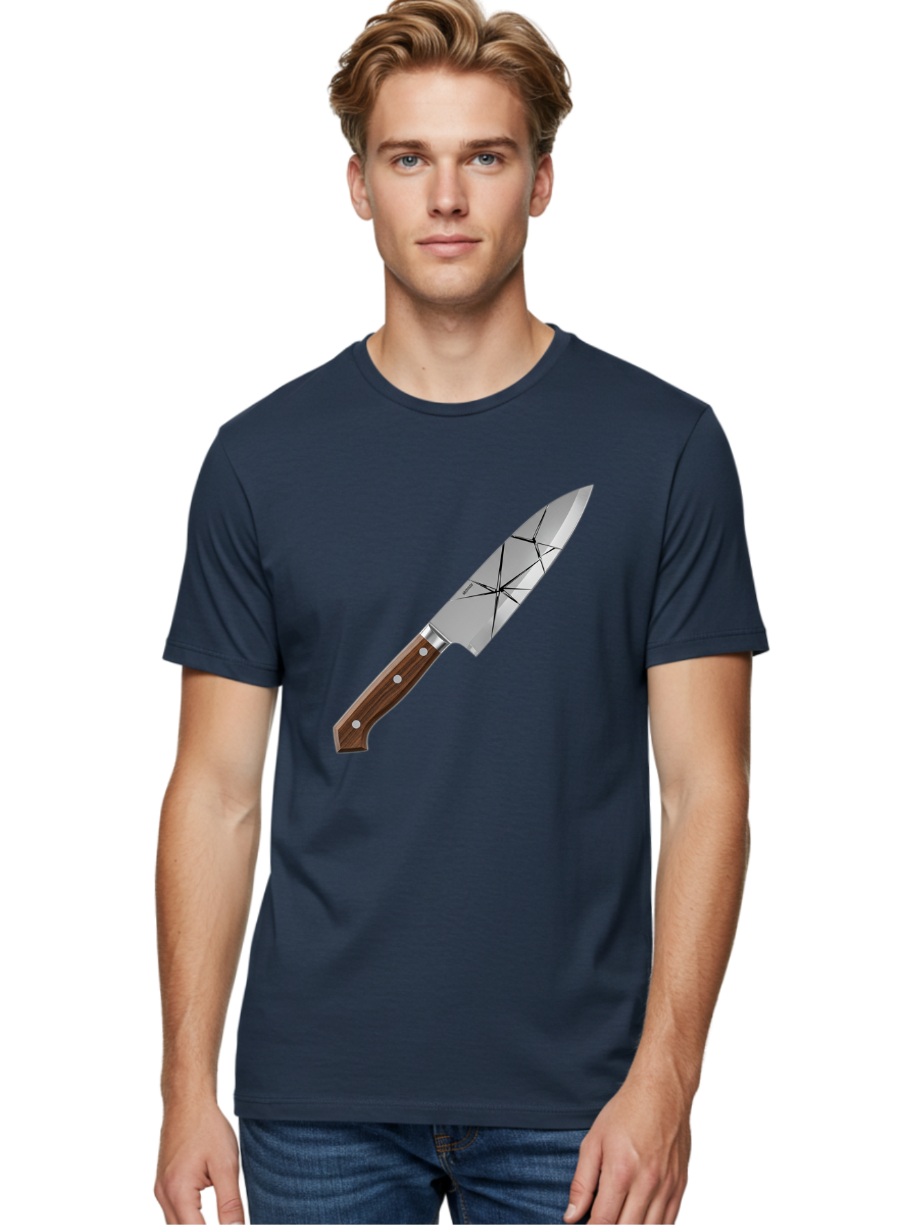 Chef-Knife-1 Men'S Graphic Tee, 100% Cotton, Comfortable Casual Summer Wear, Machine Washable, Sharp Knife, Kitchen Knife, Chef'S Knife, Stainless Steel, Wooden Handle, Silver Rivets, Geometric Pattern, Modern Design, Cutting Tool, Bac834