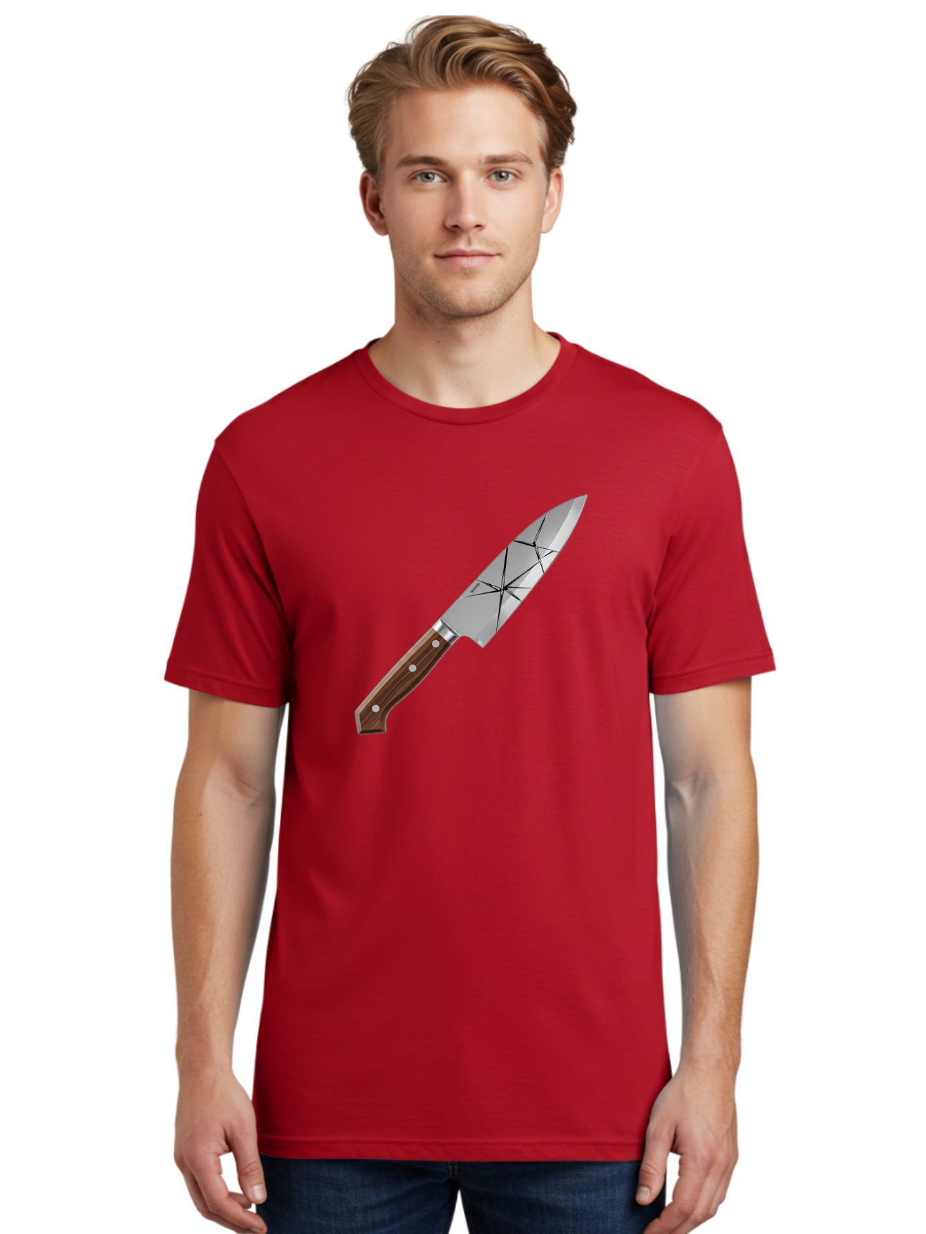 Chef-Knife-1 Men'S Graphic Tee, 100% Cotton, Comfortable Casual Summer Wear, Machine Washable, Sharp Knife, Kitchen Knife, Chef'S Knife, Stainless Steel, Wooden Handle, Silver Rivets, Geometric Pattern, Modern Design, Cutting Tool, Bac834