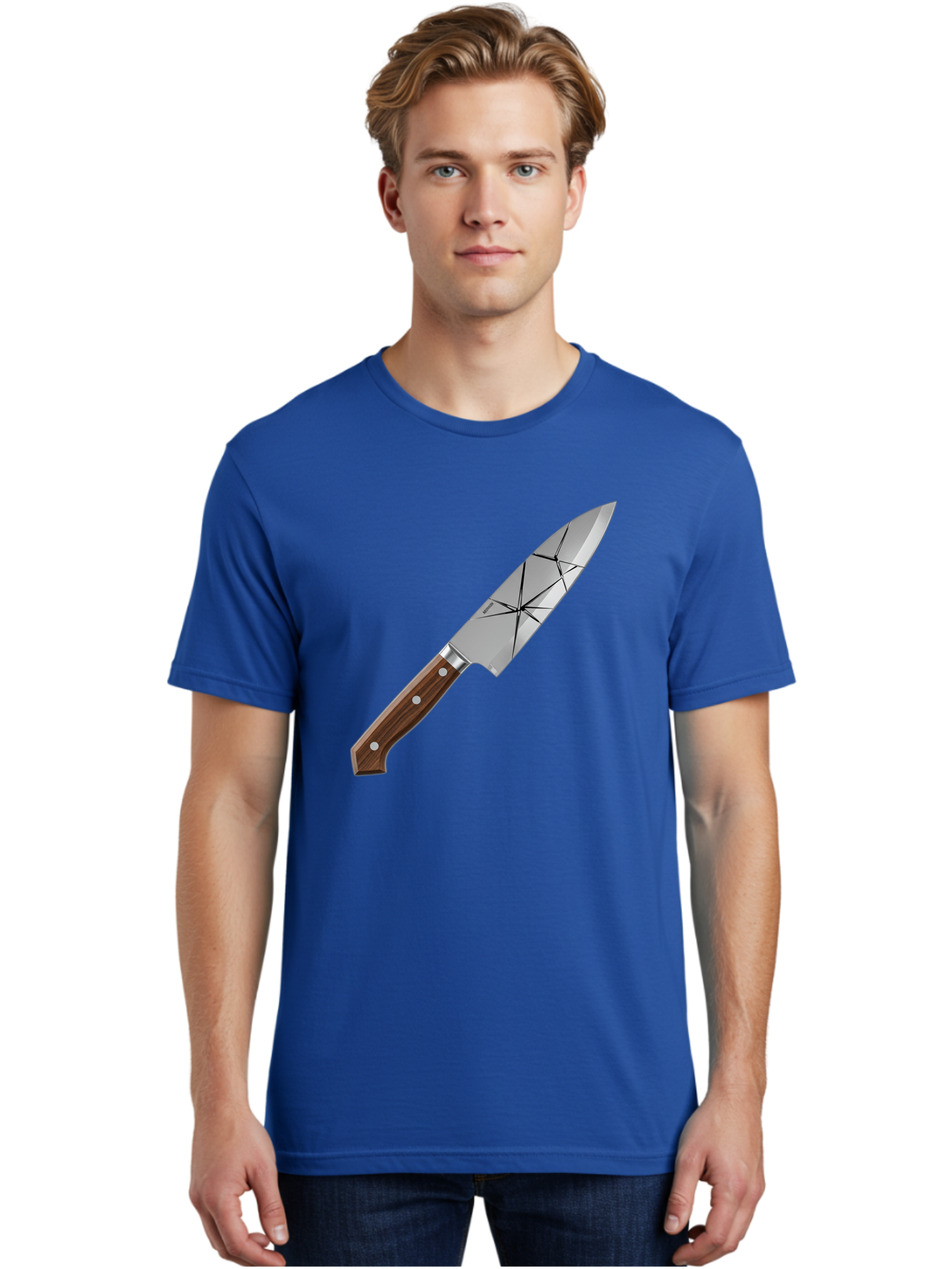 Chef-Knife-1 Men'S Graphic Tee, 100% Cotton, Comfortable Casual Summer Wear, Machine Washable, Sharp Knife, Kitchen Knife, Chef'S Knife, Stainless Steel, Wooden Handle, Silver Rivets, Geometric Pattern, Modern Design, Cutting Tool, Bac834