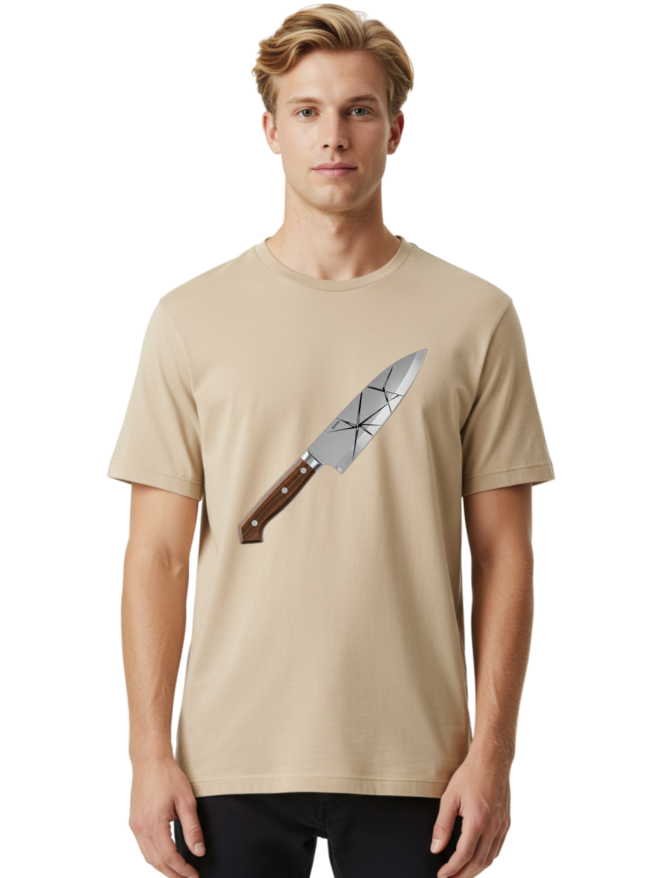 Chef-Knife-1 Men'S Graphic Tee, 100% Cotton, Comfortable Casual Summer Wear, Machine Washable, Sharp Knife, Kitchen Knife, Chef'S Knife, Stainless Steel, Wooden Handle, Silver Rivets, Geometric Pattern, Modern Design, Cutting Tool, Bac834