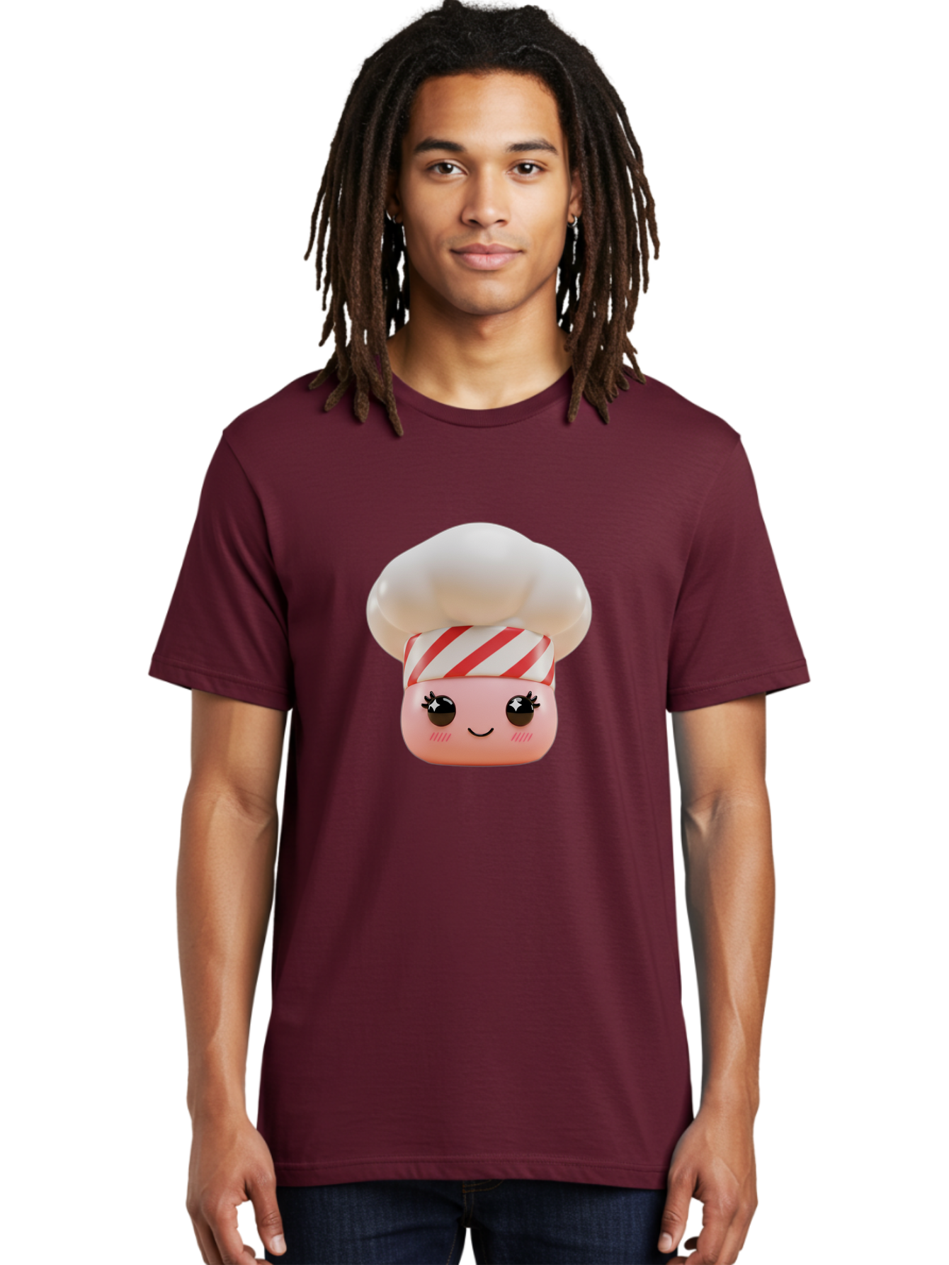 Chef-Marshmallow Men'S Graphic Tee, 100% Cotton, Comfortable Casual Summer Wear, Machine Washable, Candy Character, Chef Illustration, Pastel Pink Face, Red And White Striped Hat, Whimsical Design, Playful, Bakery Goods, Sweet Treats, Kawaii Bac836