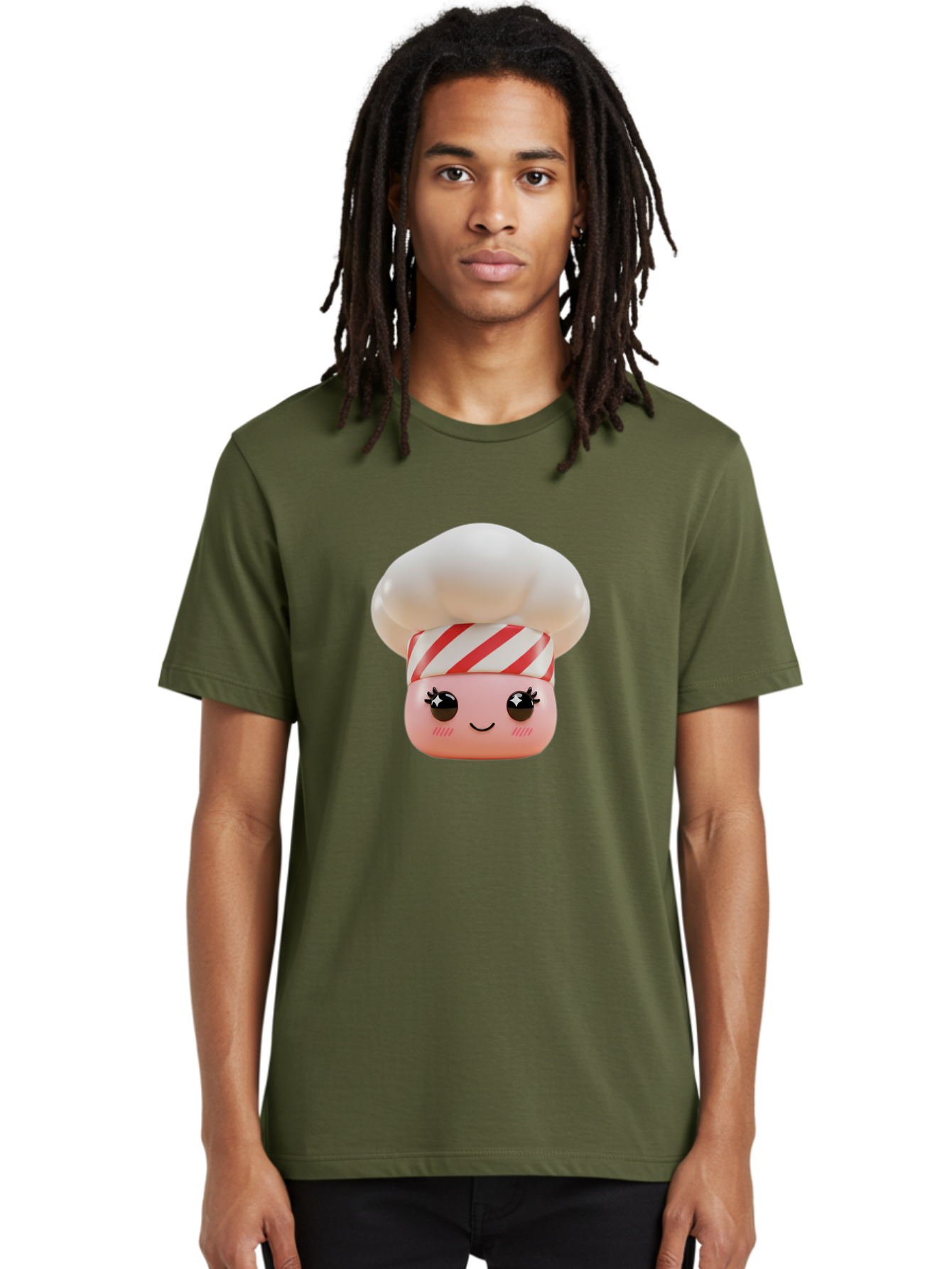 Chef-Marshmallow Men'S Graphic Tee, 100% Cotton, Comfortable Casual Summer Wear, Machine Washable, Candy Character, Chef Illustration, Pastel Pink Face, Red And White Striped Hat, Whimsical Design, Playful, Bakery Goods, Sweet Treats, Kawaii Bac836