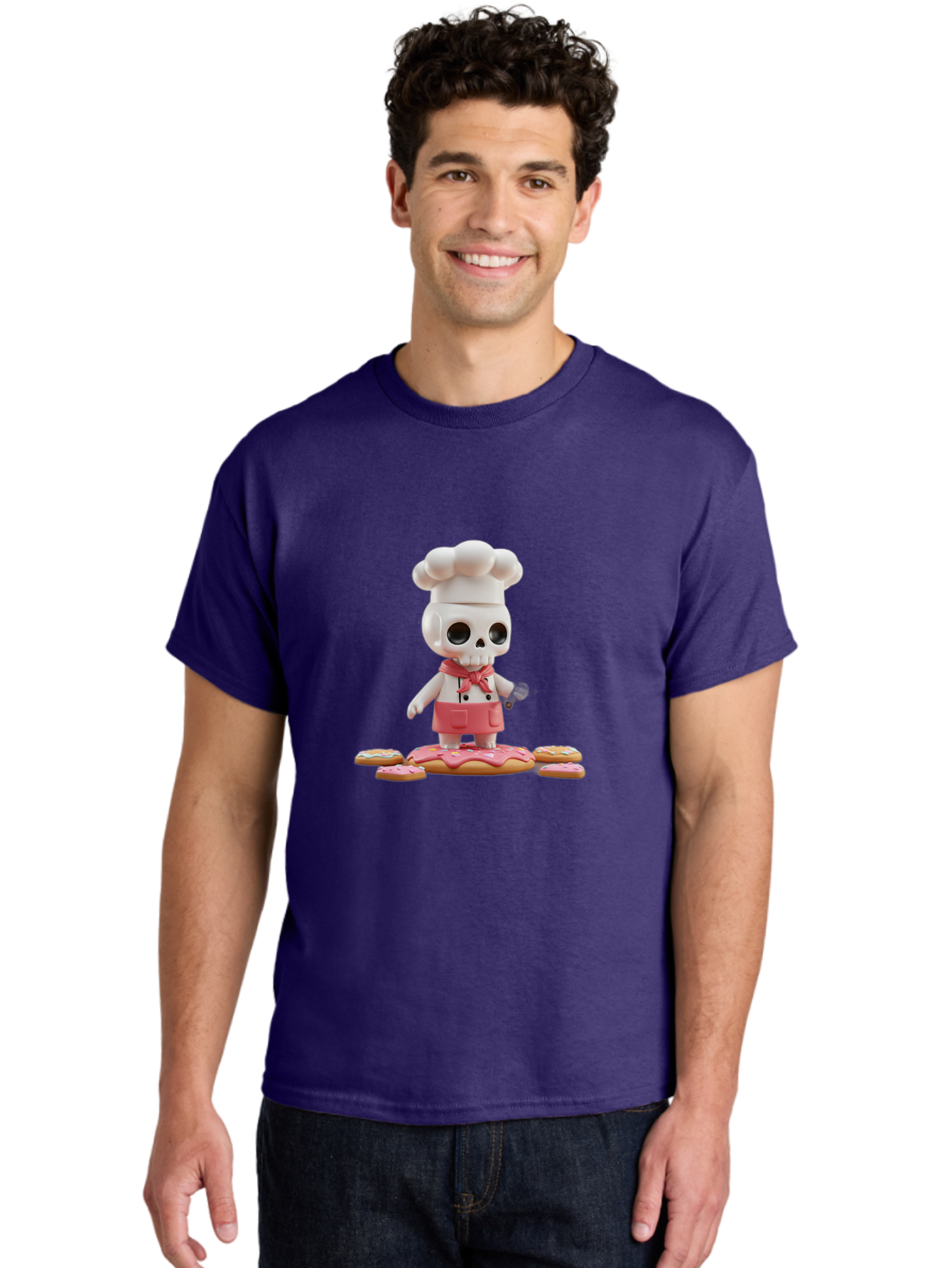 Chef-Skeleton Men'S Graphic Tee, 100% Cotton, Comfortable Casual Summer Wear, Machine Washable, Skull Chef Figurine, Chef Hat, Red Apron, Kitchen Utensils, Donut Decorations, Sweet Treats, Culinary Art, Figurine Art, Whimsical Design, Bac837