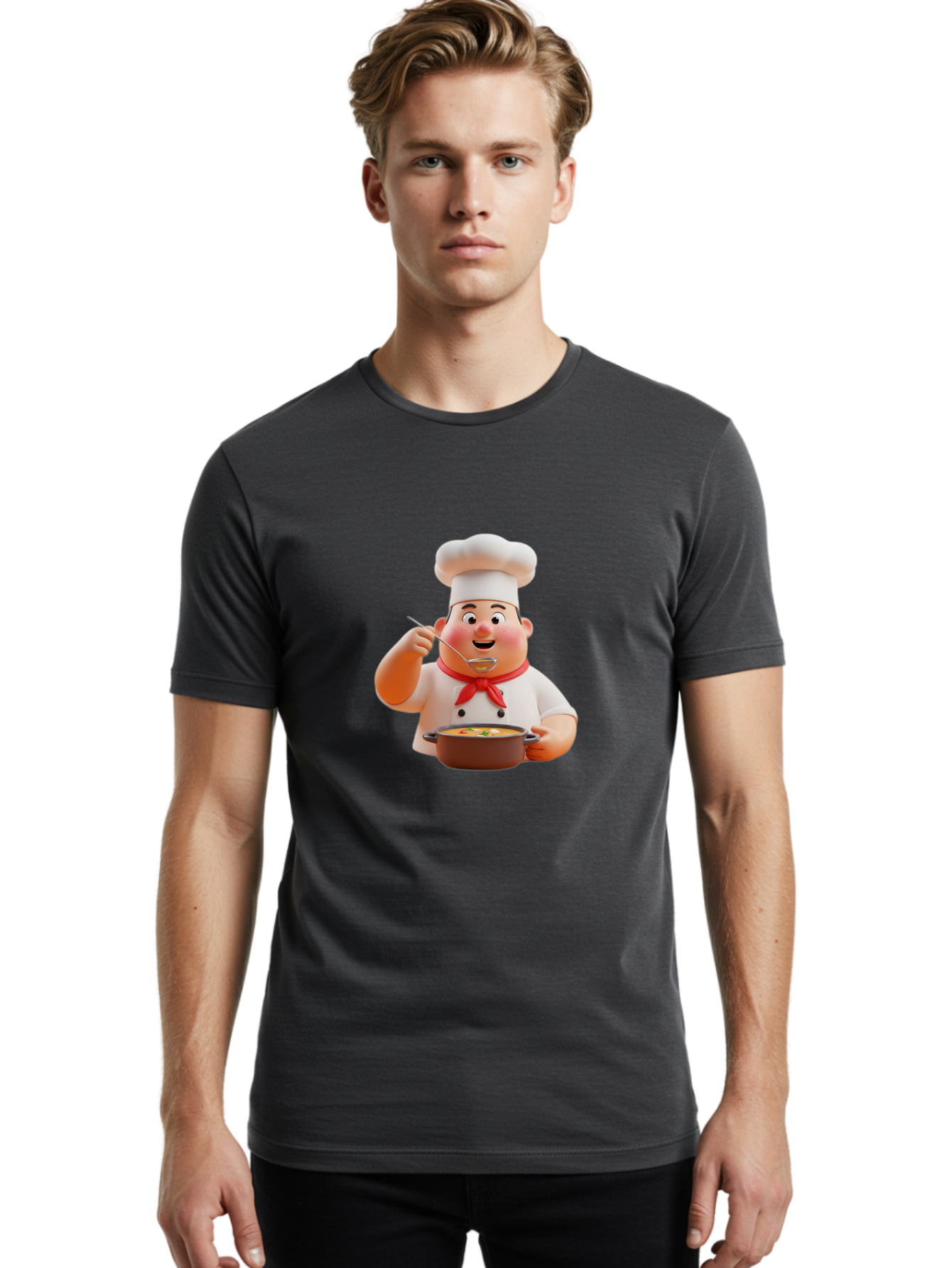 Chef-Tasting-Soup Men'S Graphic Tee, 100% Cotton, Comfortable Casual Summer Wear, Machine Washable, Chef Holding Pot, Serving Soup, Culinary Art, Chef Hat, Red Scarf, Cooking, Delicious Meal, Gourmet Cuisine, Savory Flavors, Food Presentation, Bac839