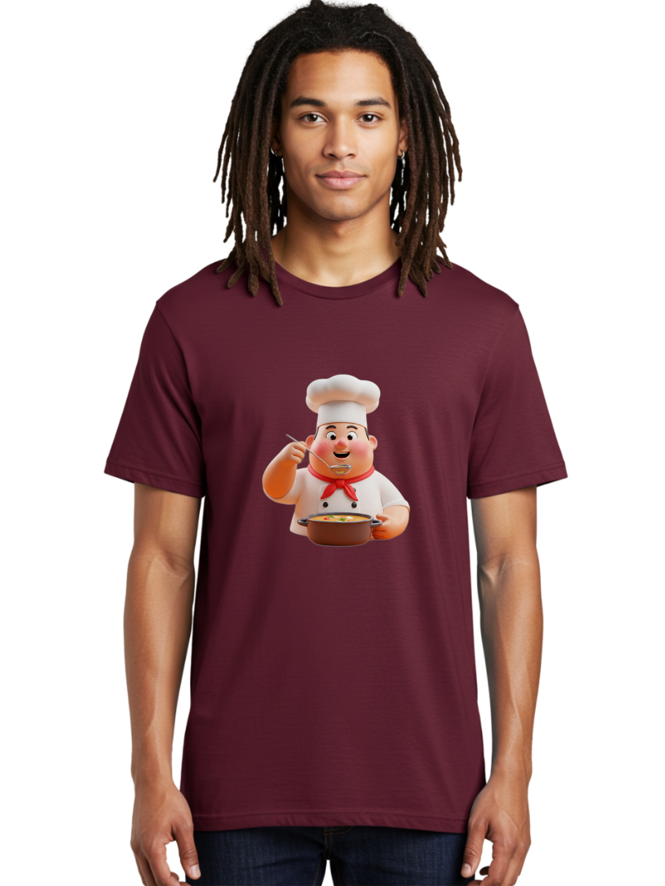 Chef-Tasting-Soup Men'S Graphic Tee, 100% Cotton, Comfortable Casual Summer Wear, Machine Washable, Chef Holding Pot, Serving Soup, Culinary Art, Chef Hat, Red Scarf, Cooking, Delicious Meal, Gourmet Cuisine, Savory Flavors, Food Presentation, Bac839
