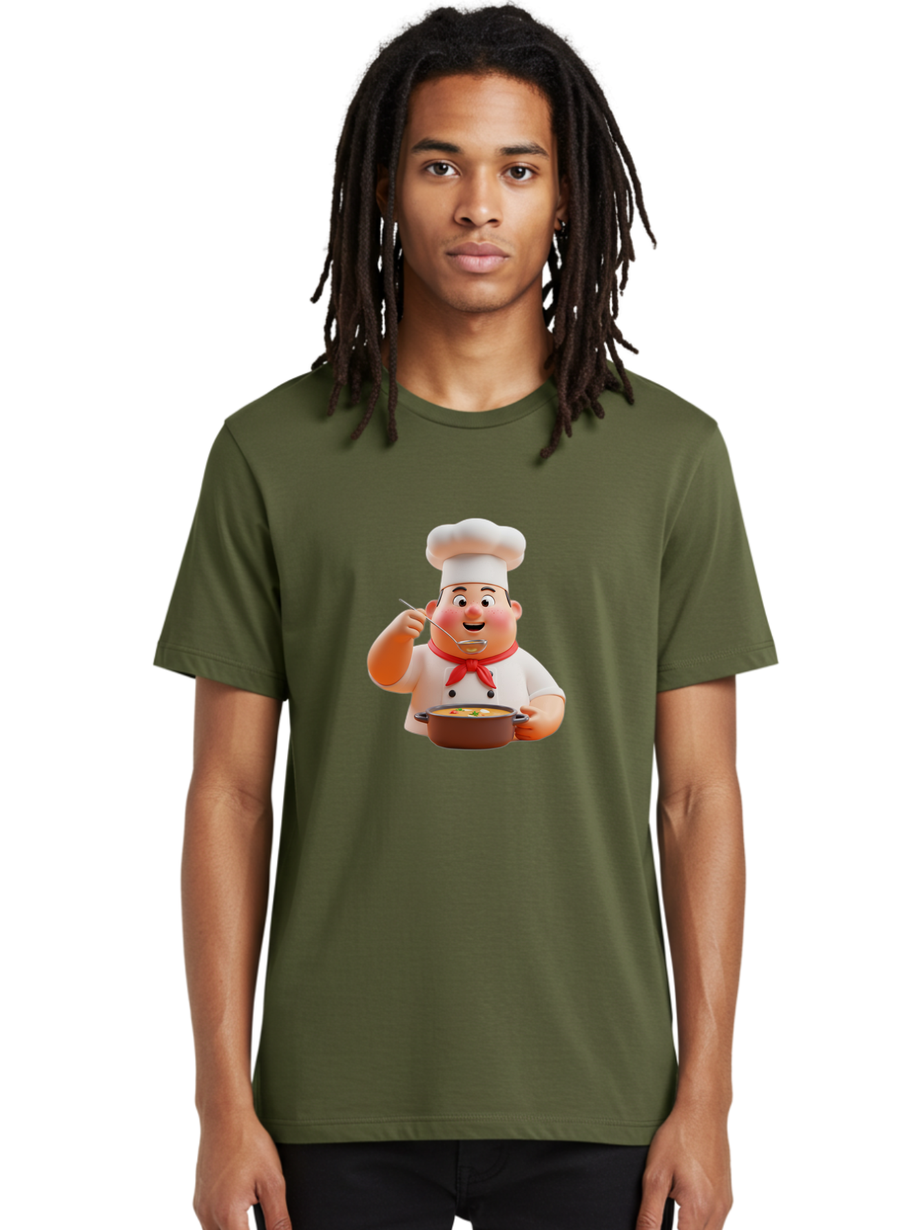Chef-Tasting-Soup Men'S Graphic Tee, 100% Cotton, Comfortable Casual Summer Wear, Machine Washable, Chef Holding Pot, Serving Soup, Culinary Art, Chef Hat, Red Scarf, Cooking, Delicious Meal, Gourmet Cuisine, Savory Flavors, Food Presentation, Bac839