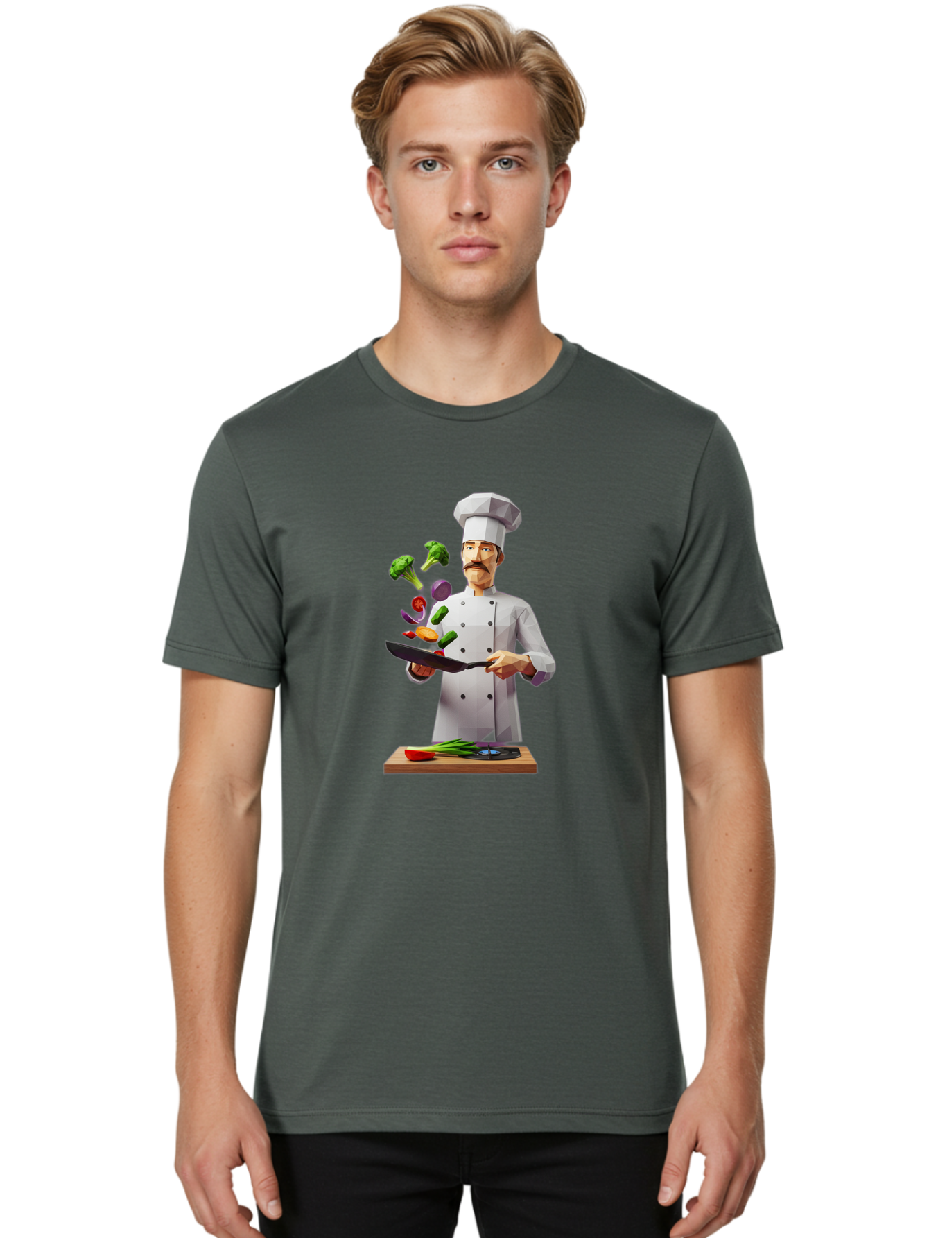 Chef-Tossing-Vegetables Men'S Graphic Tee, 100% Cotton, Comfortable Casual Summer Wear, Machine Washable, Chef Tossing Vegetables, Cooking Skills, Kitchen Magic, Healthy Eating, Food Preparation, Culinary Art, Vegetable Stir-Fry, Bac841
