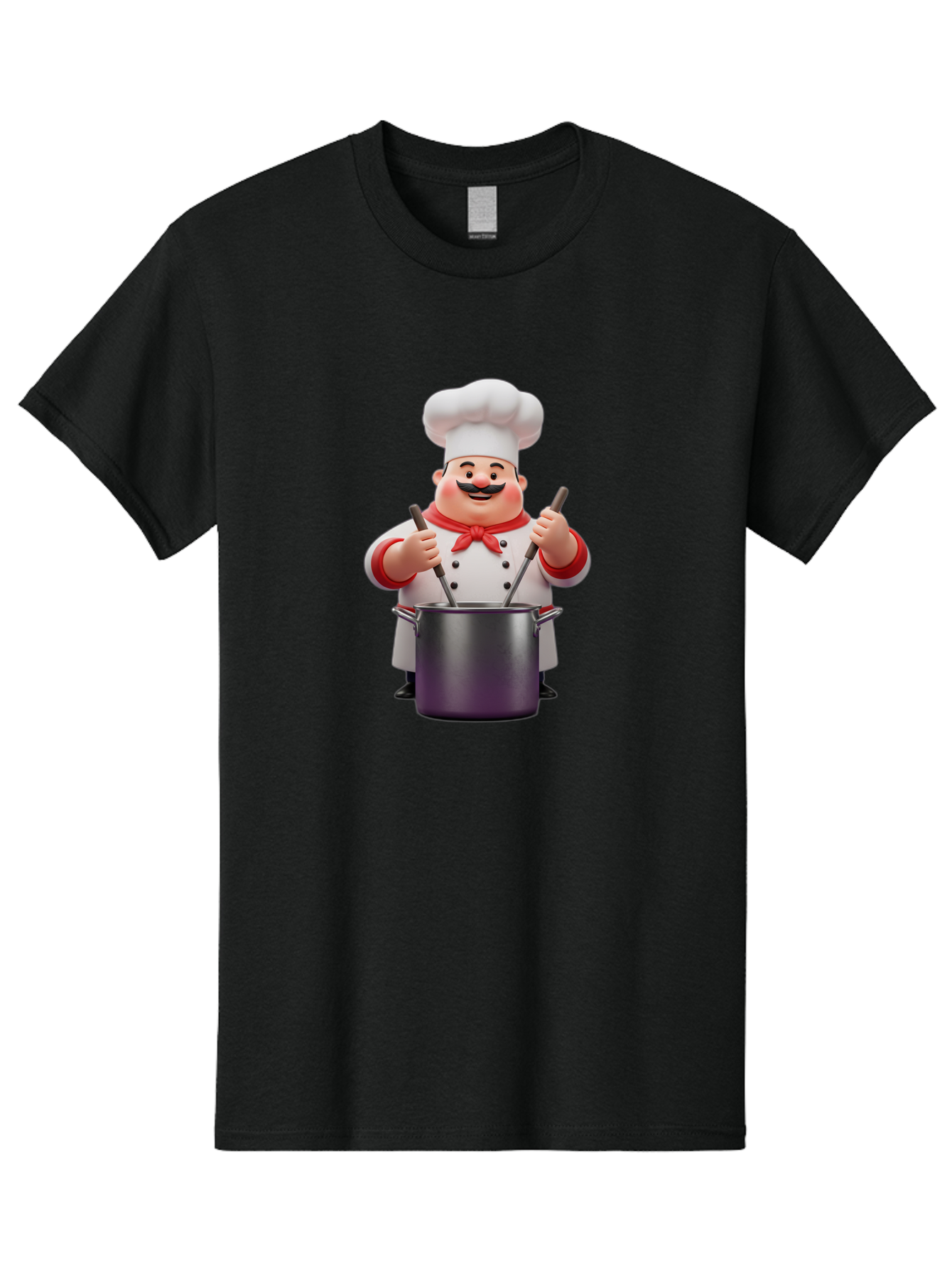 Chef-With-Mustache Men'S Graphic Tee, 100% Cotton, Comfortable Casual Summer Wear, Machine Washable, Cartoon Chef, Cooking Utensils, Kitchen Tools, Chef Hat, Chef Coat, Red Neckerchief, Mustache, Large Pot, Cooking Spoons, Culinary Art, Bac842