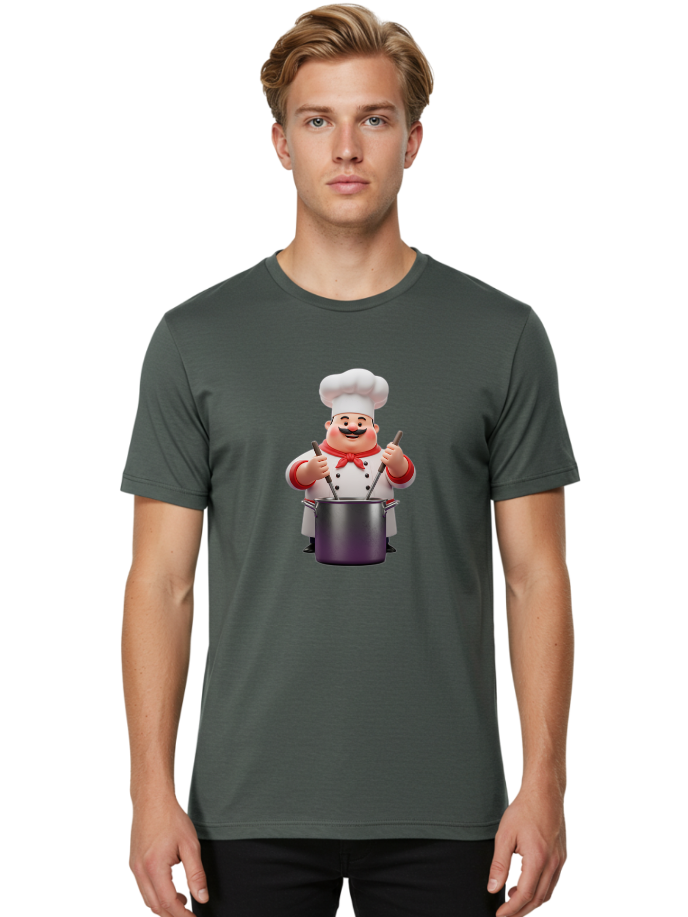 Chef-With-Mustache Men'S Graphic Tee, 100% Cotton, Comfortable Casual Summer Wear, Machine Washable, Cartoon Chef, Cooking Utensils, Kitchen Tools, Chef Hat, Chef Coat, Red Neckerchief, Mustache, Large Pot, Cooking Spoons, Culinary Art, Bac842
