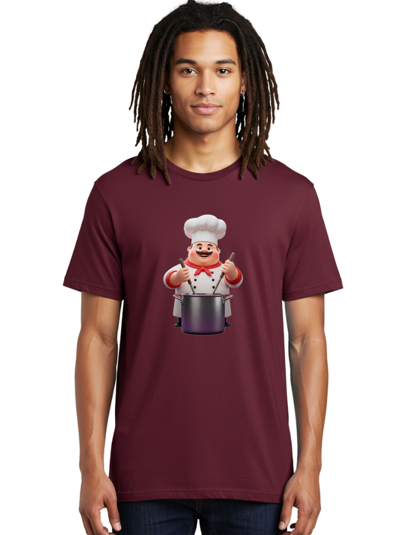 Chef-With-Mustache Men'S Graphic Tee, 100% Cotton, Comfortable Casual Summer Wear, Machine Washable, Cartoon Chef, Cooking Utensils, Kitchen Tools, Chef Hat, Chef Coat, Red Neckerchief, Mustache, Large Pot, Cooking Spoons, Culinary Art, Bac842