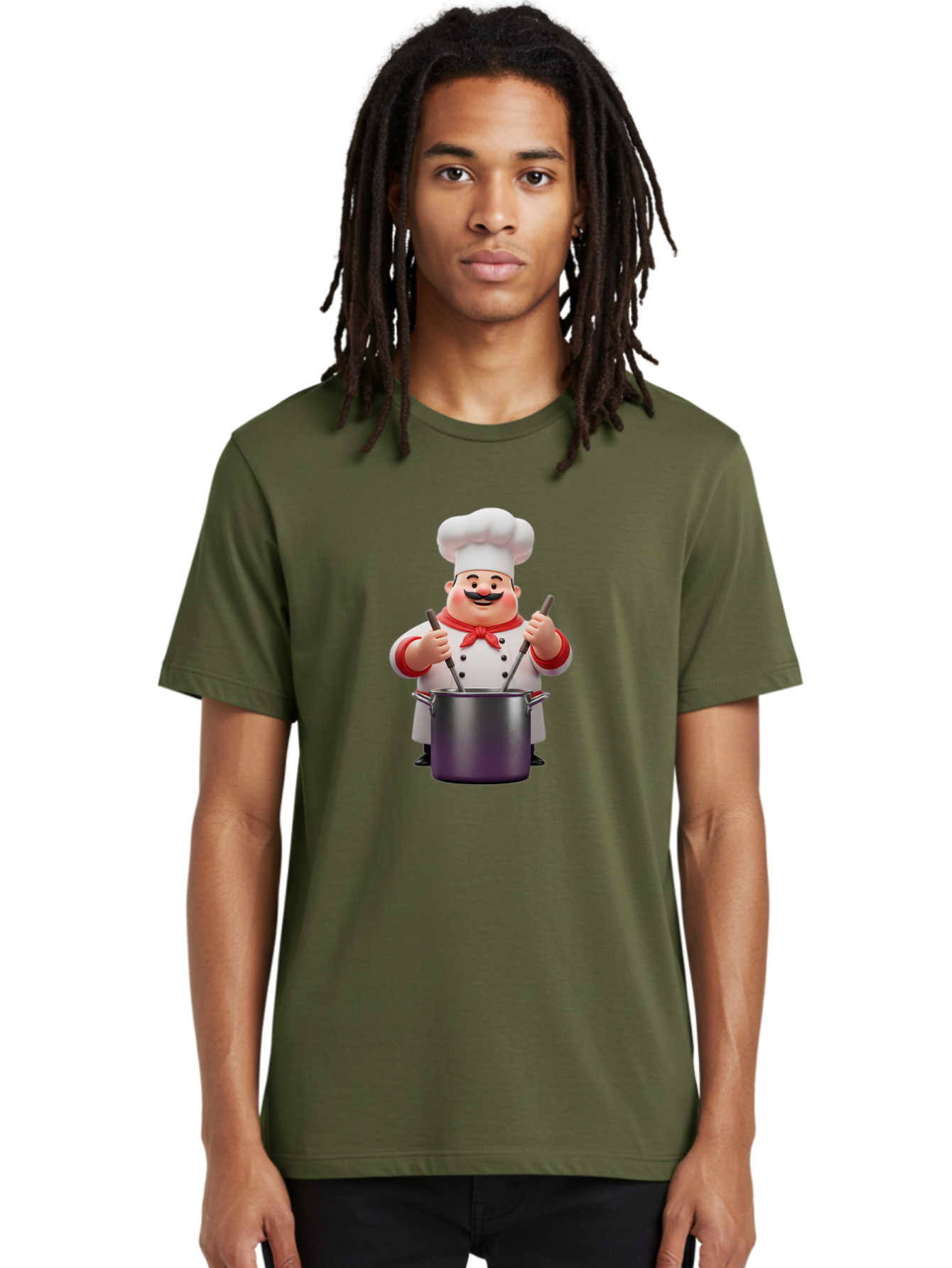 Chef-With-Mustache Men'S Graphic Tee, 100% Cotton, Comfortable Casual Summer Wear, Machine Washable, Cartoon Chef, Cooking Utensils, Kitchen Tools, Chef Hat, Chef Coat, Red Neckerchief, Mustache, Large Pot, Cooking Spoons, Culinary Art, Bac842