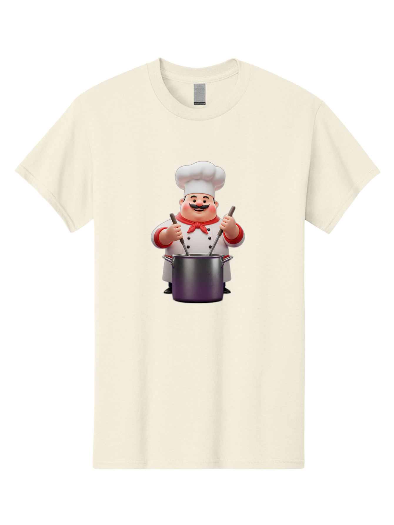 Chef-With-Mustache Men'S Graphic Tee, 100% Cotton, Comfortable Casual Summer Wear, Machine Washable, Cartoon Chef, Cooking Utensils, Kitchen Tools, Chef Hat, Chef Coat, Red Neckerchief, Mustache, Large Pot, Cooking Spoons, Culinary Art, Bac842