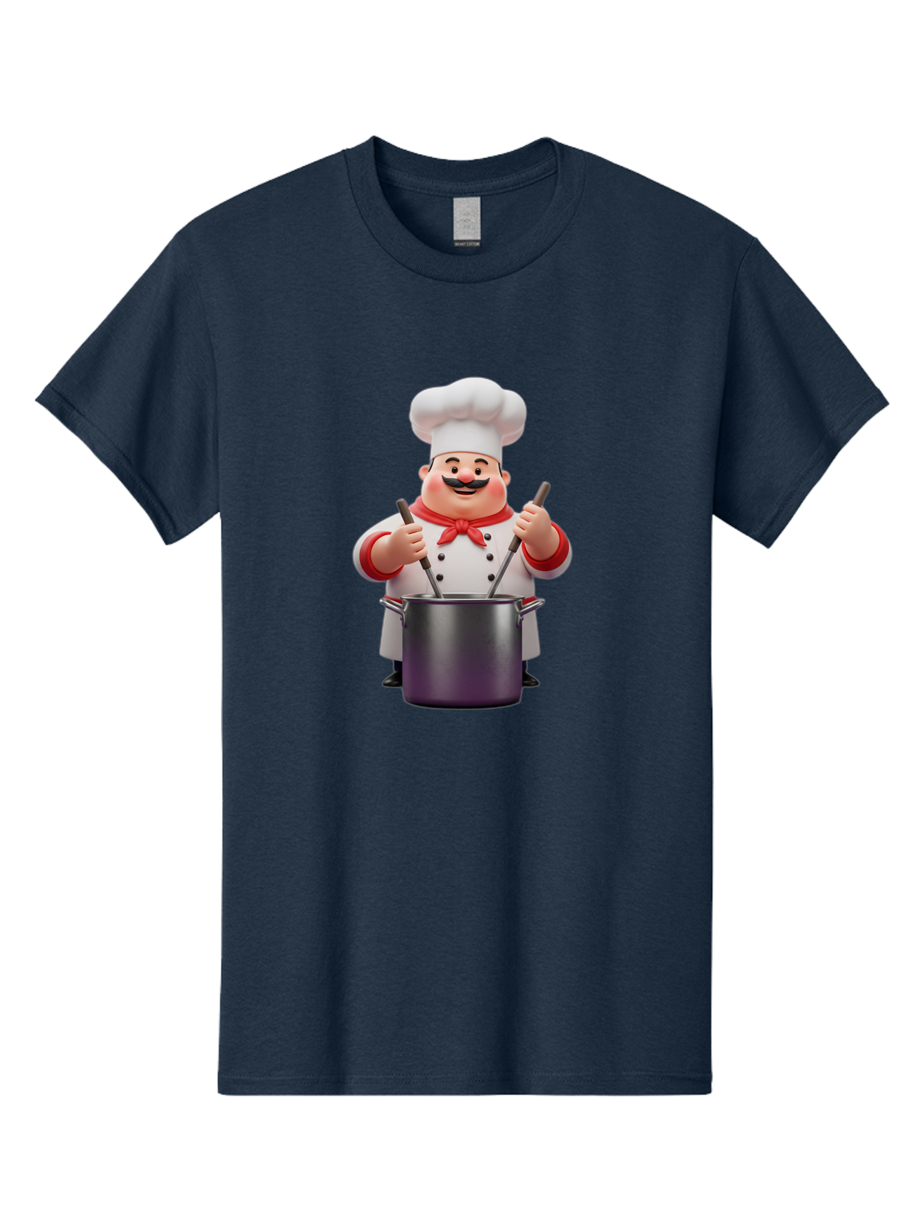 Chef-With-Mustache Men'S Graphic Tee, 100% Cotton, Comfortable Casual Summer Wear, Machine Washable, Cartoon Chef, Cooking Utensils, Kitchen Tools, Chef Hat, Chef Coat, Red Neckerchief, Mustache, Large Pot, Cooking Spoons, Culinary Art, Bac842