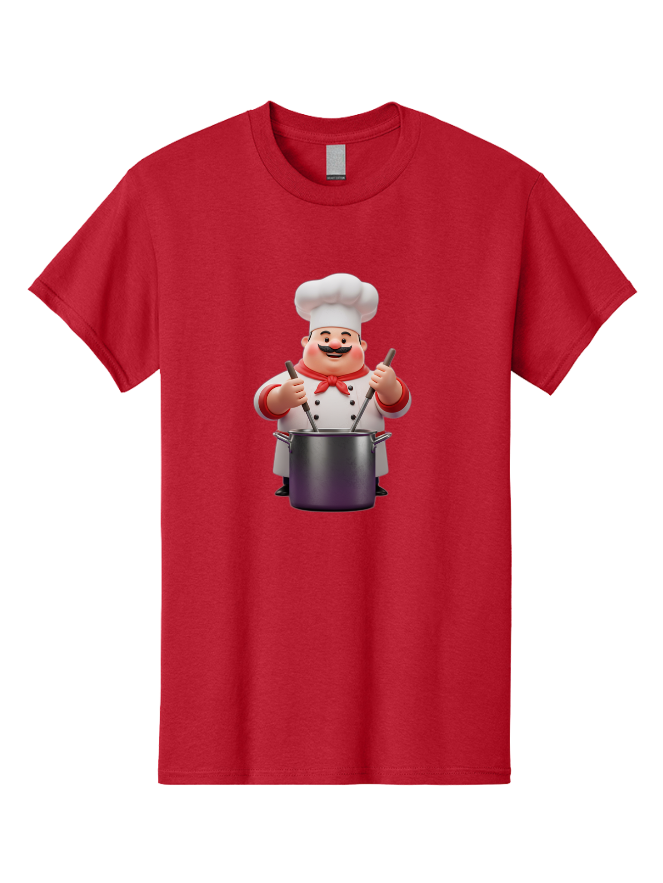 Chef-With-Mustache Men'S Graphic Tee, 100% Cotton, Comfortable Casual Summer Wear, Machine Washable, Cartoon Chef, Cooking Utensils, Kitchen Tools, Chef Hat, Chef Coat, Red Neckerchief, Mustache, Large Pot, Cooking Spoons, Culinary Art, Bac842