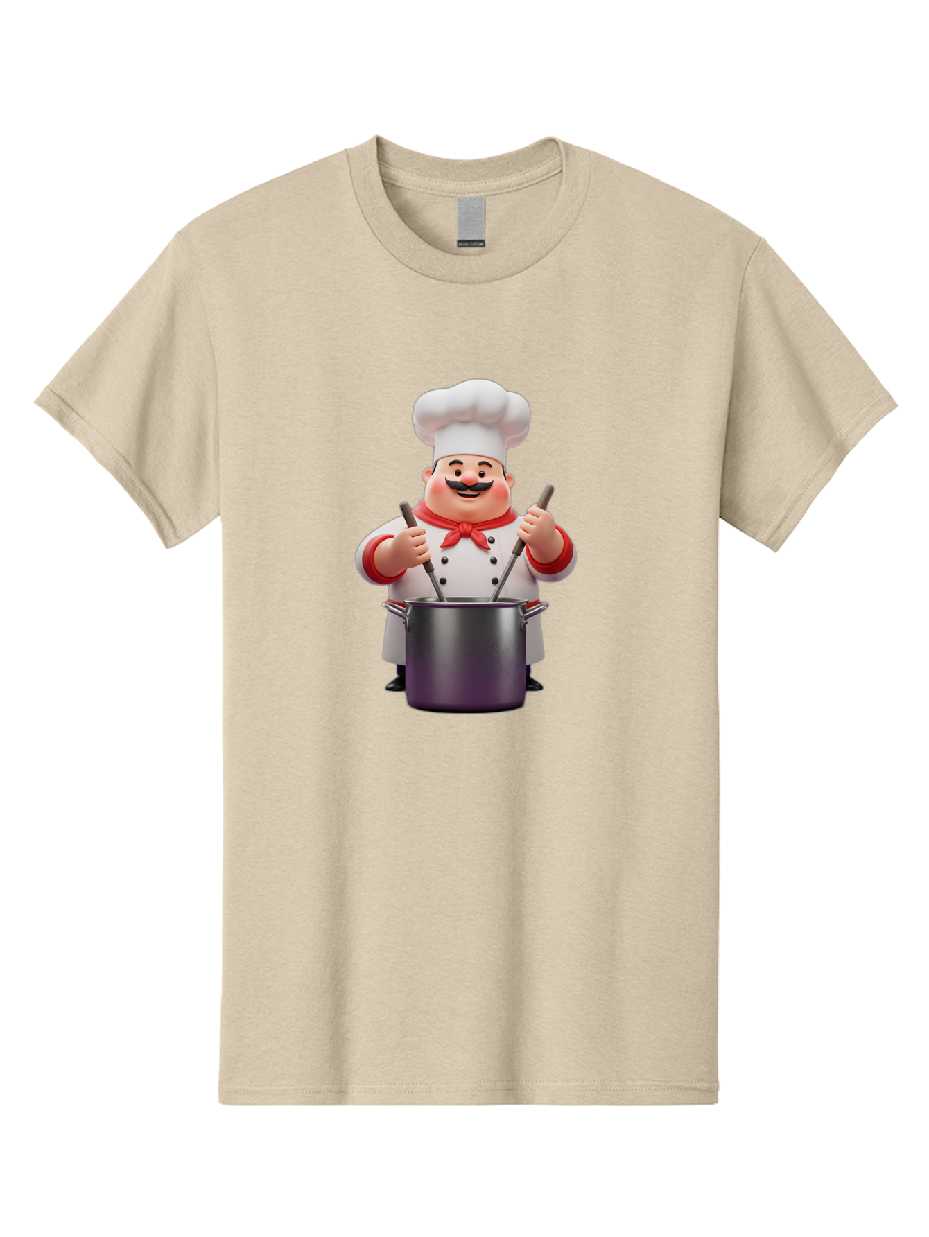 Chef-With-Mustache Men'S Graphic Tee, 100% Cotton, Comfortable Casual Summer Wear, Machine Washable, Cartoon Chef, Cooking Utensils, Kitchen Tools, Chef Hat, Chef Coat, Red Neckerchief, Mustache, Large Pot, Cooking Spoons, Culinary Art, Bac842