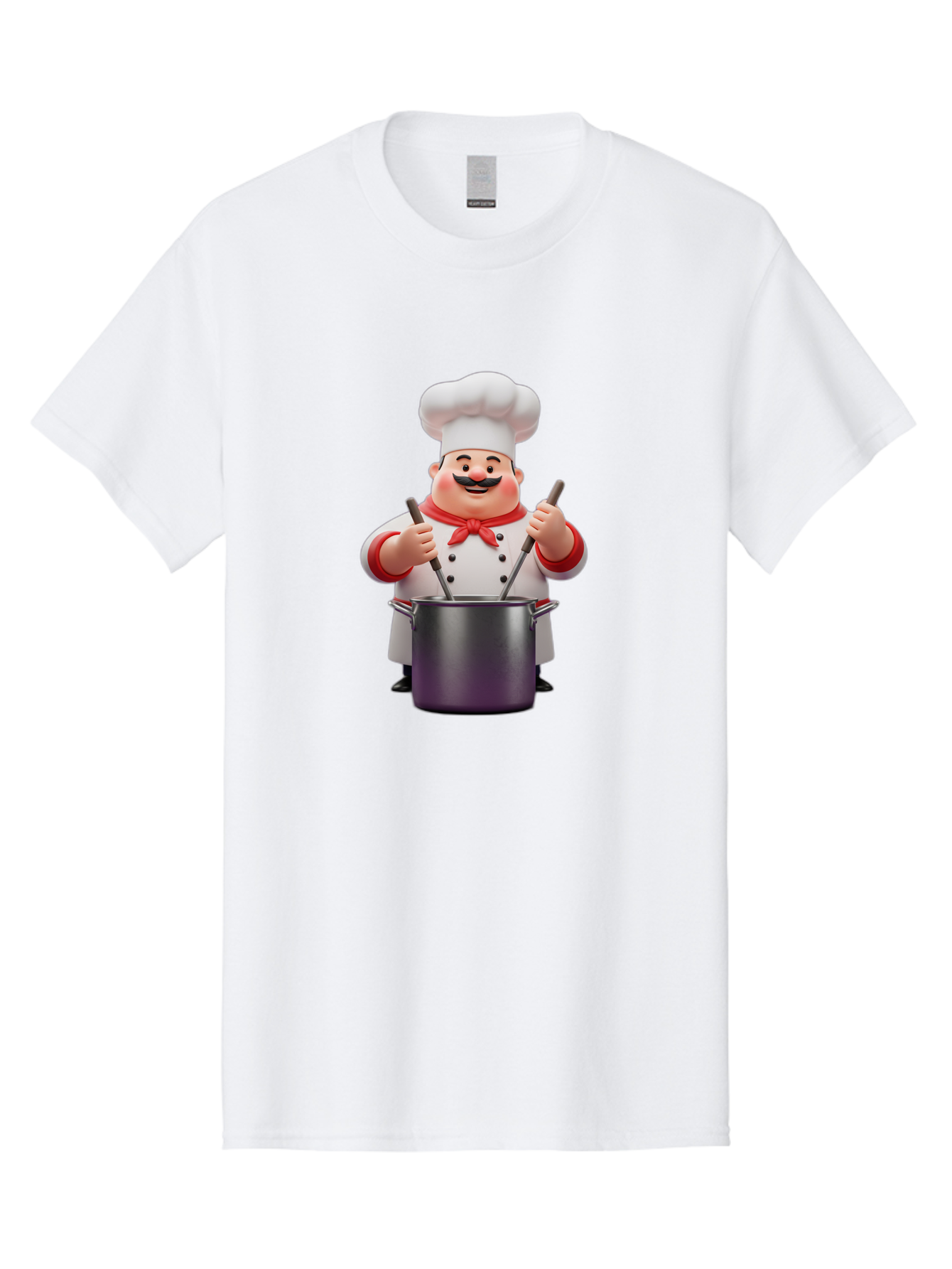 Chef-With-Mustache Men'S Graphic Tee, 100% Cotton, Comfortable Casual Summer Wear, Machine Washable, Cartoon Chef, Cooking Utensils, Kitchen Tools, Chef Hat, Chef Coat, Red Neckerchief, Mustache, Large Pot, Cooking Spoons, Culinary Art, Bac842