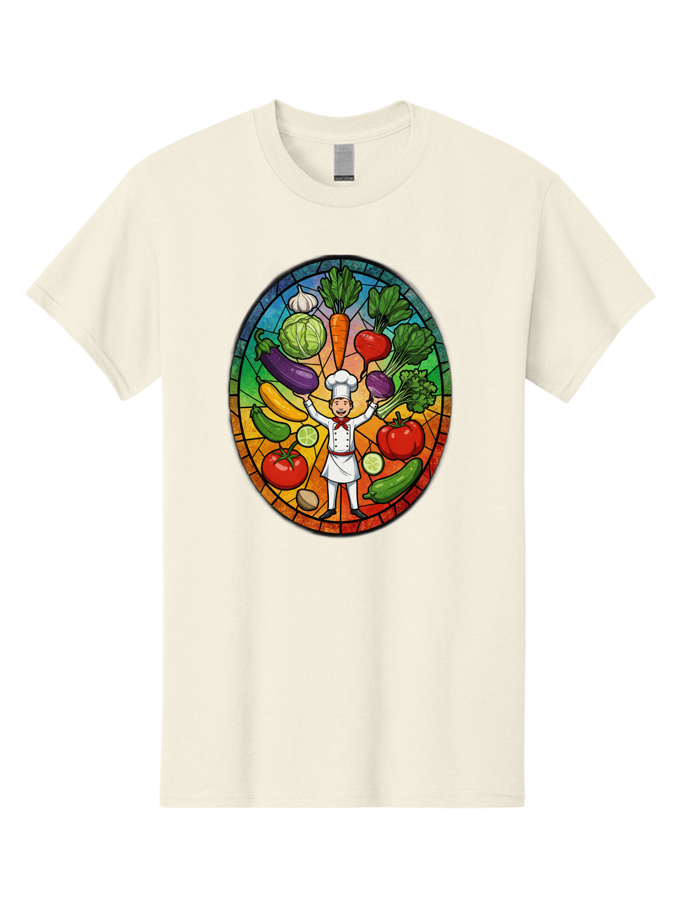 Chef-With-Vegetables Men'S Graphic Tee, 100% Cotton, Comfortable Casual Summer Wear, Machine Washable, Cartoon Chef, Fresh Vegetables, Healthy Food, Stained Glass Style, Vibrant Colors, Chef'S Hat, White Uniform, Red Scarf, Happy Chef, Bac843
