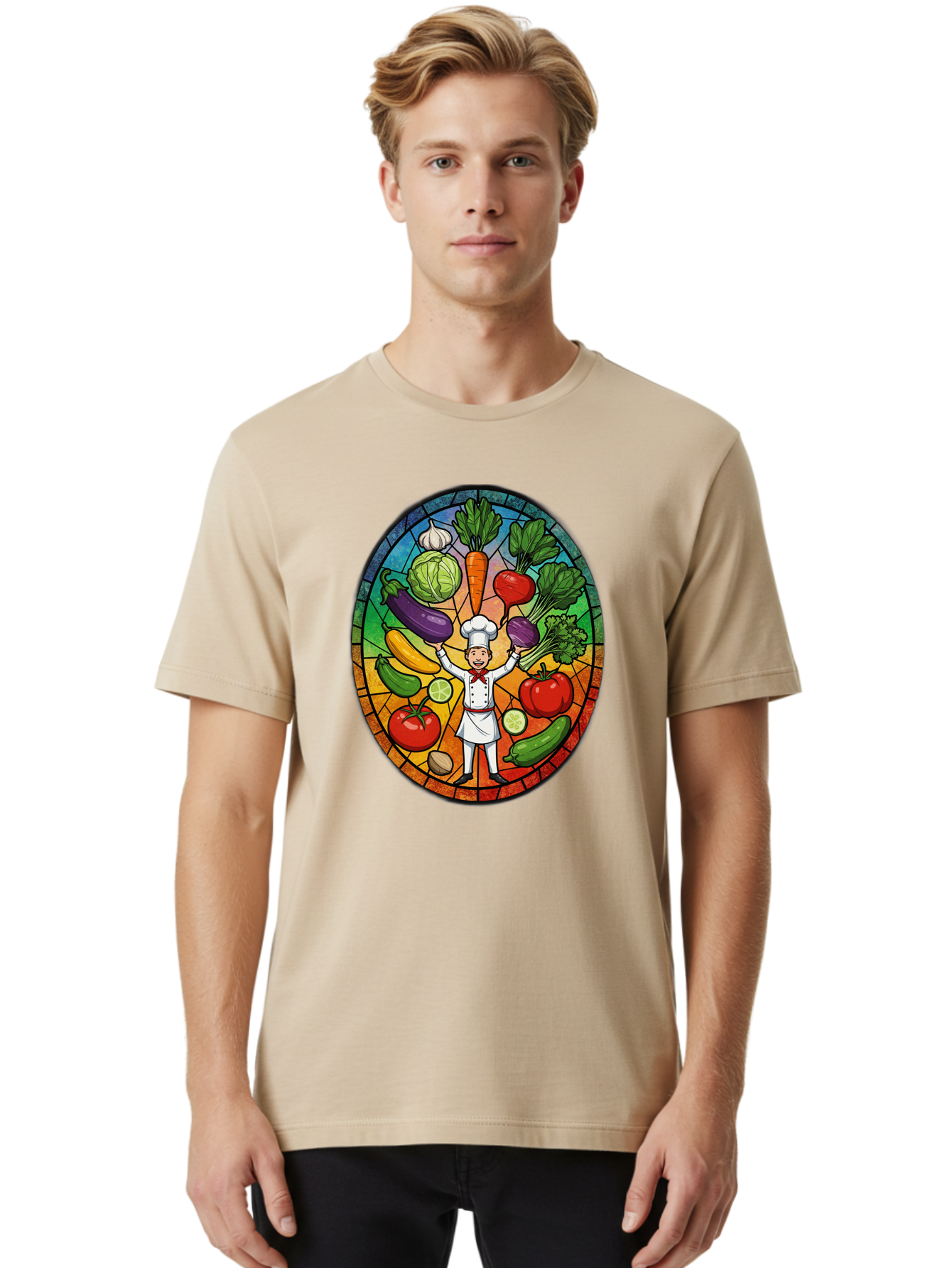 Chef-With-Vegetables Men'S Graphic Tee, 100% Cotton, Comfortable Casual Summer Wear, Machine Washable, Cartoon Chef, Fresh Vegetables, Healthy Food, Stained Glass Style, Vibrant Colors, Chef'S Hat, White Uniform, Red Scarf, Happy Chef, Bac843