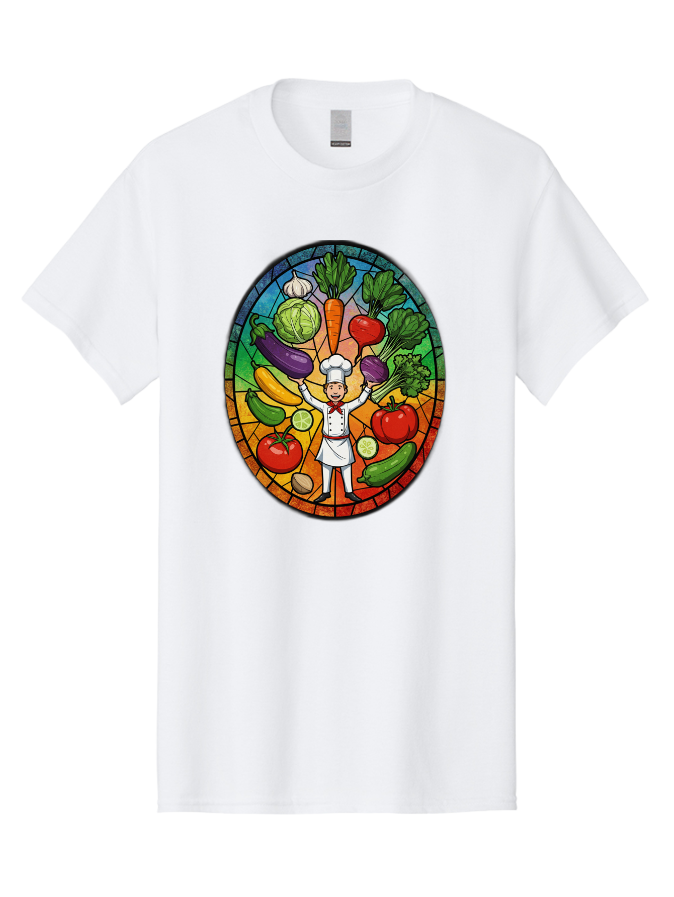 Chef-With-Vegetables Men'S Graphic Tee, 100% Cotton, Comfortable Casual Summer Wear, Machine Washable, Cartoon Chef, Fresh Vegetables, Healthy Food, Stained Glass Style, Vibrant Colors, Chef'S Hat, White Uniform, Red Scarf, Happy Chef, Bac843