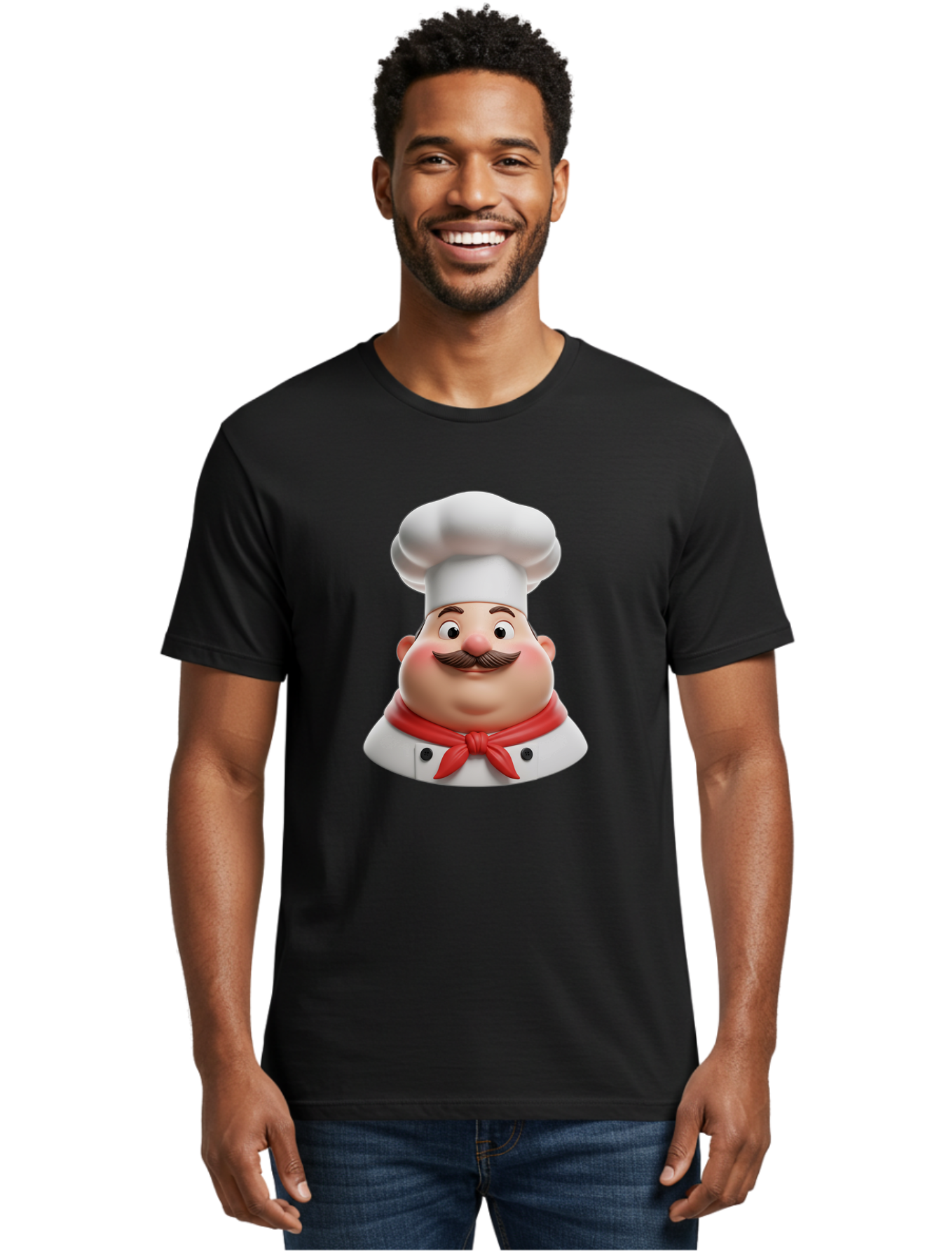 Chef Men'S Graphic Tee, 100% Cotton, Comfortable Casual Summer Wear, Machine Washable, Cartoon Chef, Smiling Man, Mustache, White Hat, Red Scarf, Chef'S Uniform, Cooking, Culinary Arts, Kitchen, Food Preparation Bac844