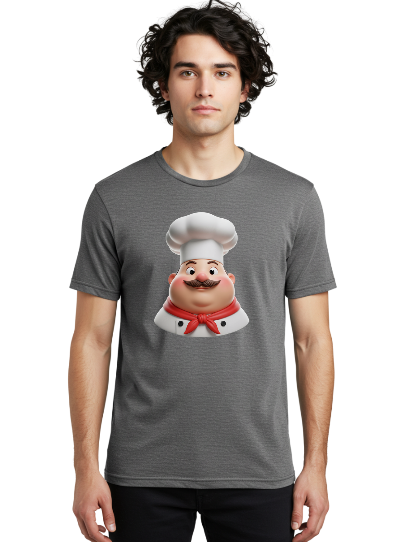 Chef Men'S Graphic Tee, 100% Cotton, Comfortable Casual Summer Wear, Machine Washable, Cartoon Chef, Smiling Man, Mustache, White Hat, Red Scarf, Chef'S Uniform, Cooking, Culinary Arts, Kitchen, Food Preparation Bac844
