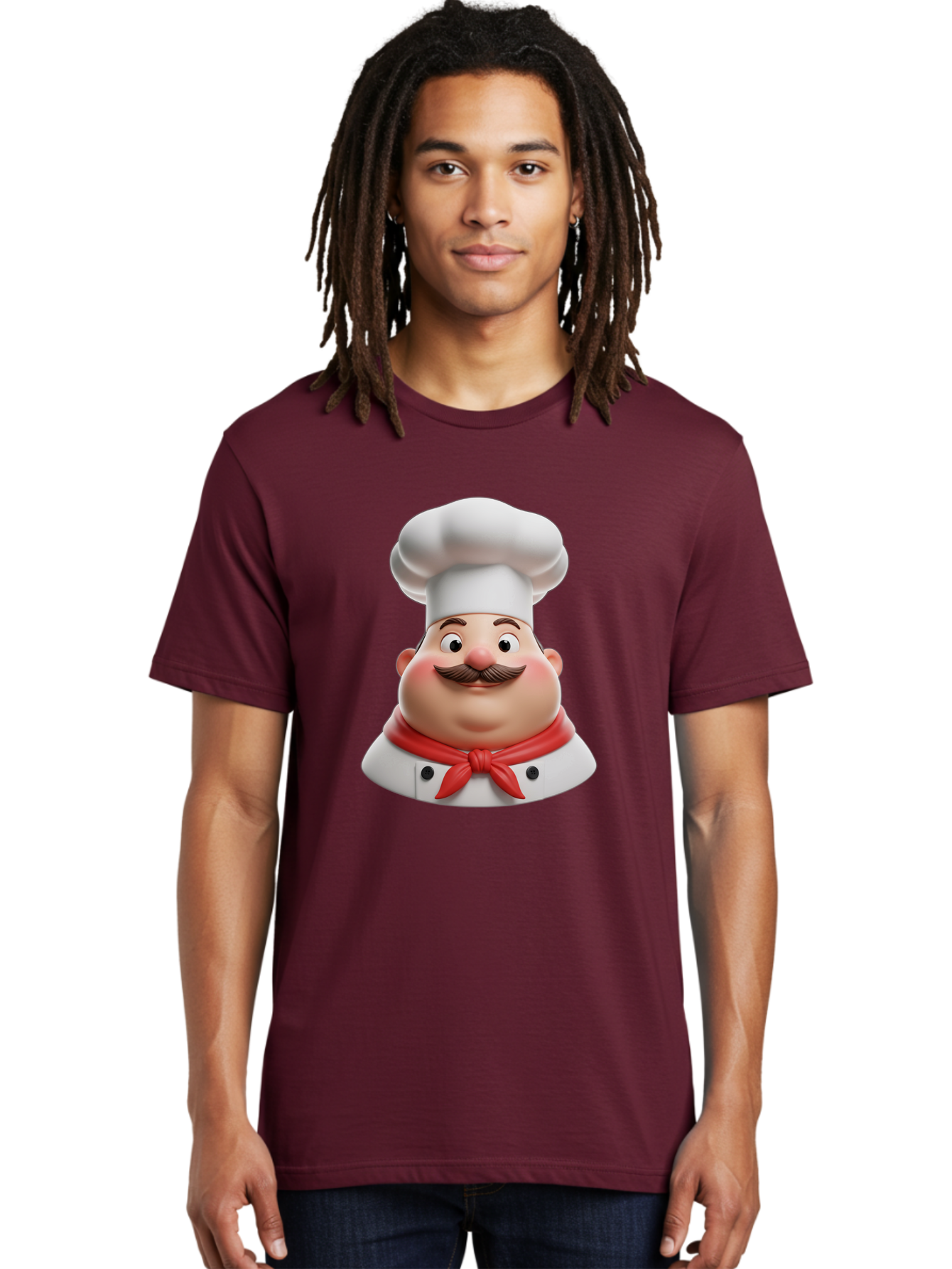 Chef Men'S Graphic Tee, 100% Cotton, Comfortable Casual Summer Wear, Machine Washable, Cartoon Chef, Smiling Man, Mustache, White Hat, Red Scarf, Chef'S Uniform, Cooking, Culinary Arts, Kitchen, Food Preparation Bac844