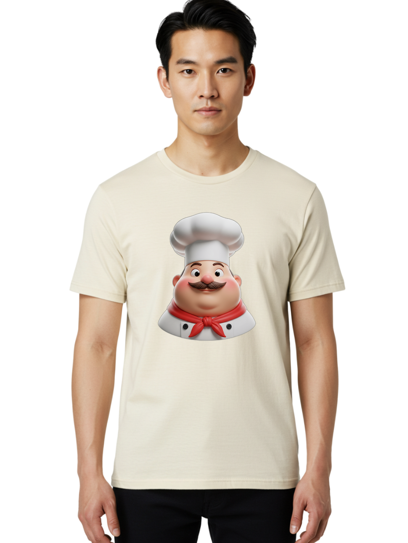 Chef Men'S Graphic Tee, 100% Cotton, Comfortable Casual Summer Wear, Machine Washable, Cartoon Chef, Smiling Man, Mustache, White Hat, Red Scarf, Chef'S Uniform, Cooking, Culinary Arts, Kitchen, Food Preparation Bac844