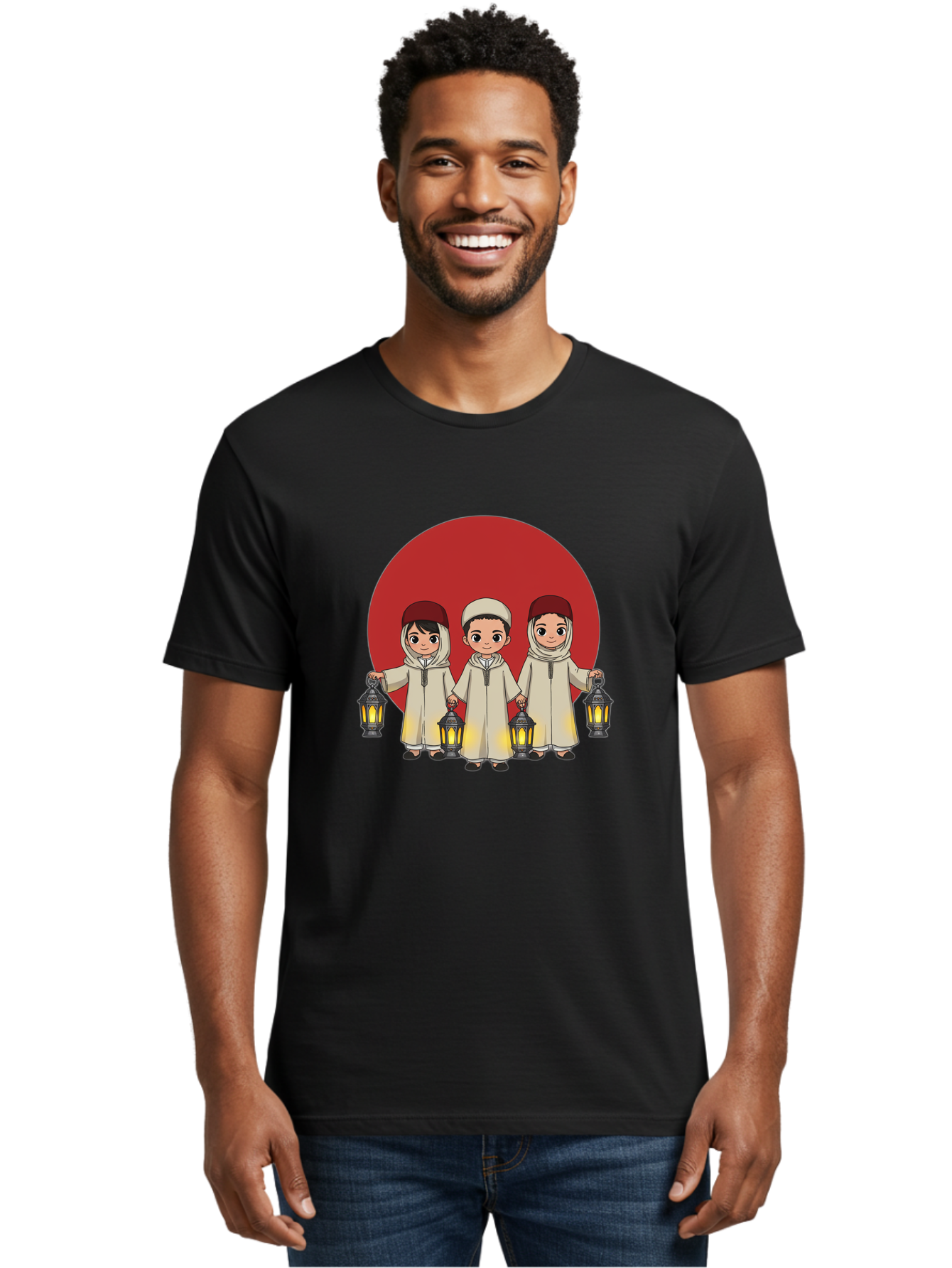 Children-With-Lanterns-1 Men'S Graphic Tee, 100% Cotton, Comfortable Casual Summer Wear, Machine Washable, Children In Traditional Clothing, Holding Lanterns, Ramadan Celebration, Islamic Culture, Festive Atmosphere, Happy Kids, Bac845
