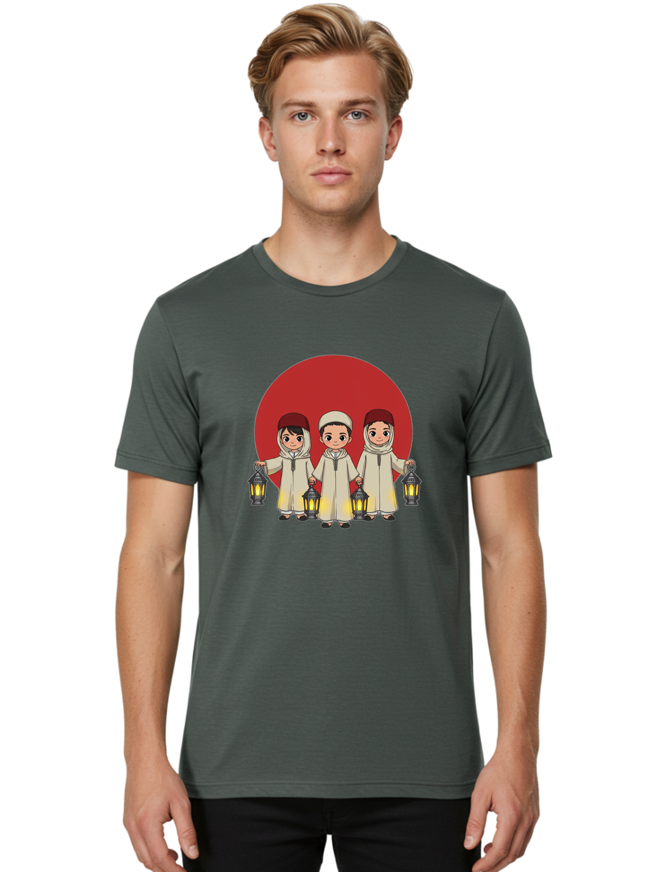 Children-With-Lanterns-1 Men'S Graphic Tee, 100% Cotton, Comfortable Casual Summer Wear, Machine Washable, Children In Traditional Clothing, Holding Lanterns, Ramadan Celebration, Islamic Culture, Festive Atmosphere, Happy Kids, Bac845