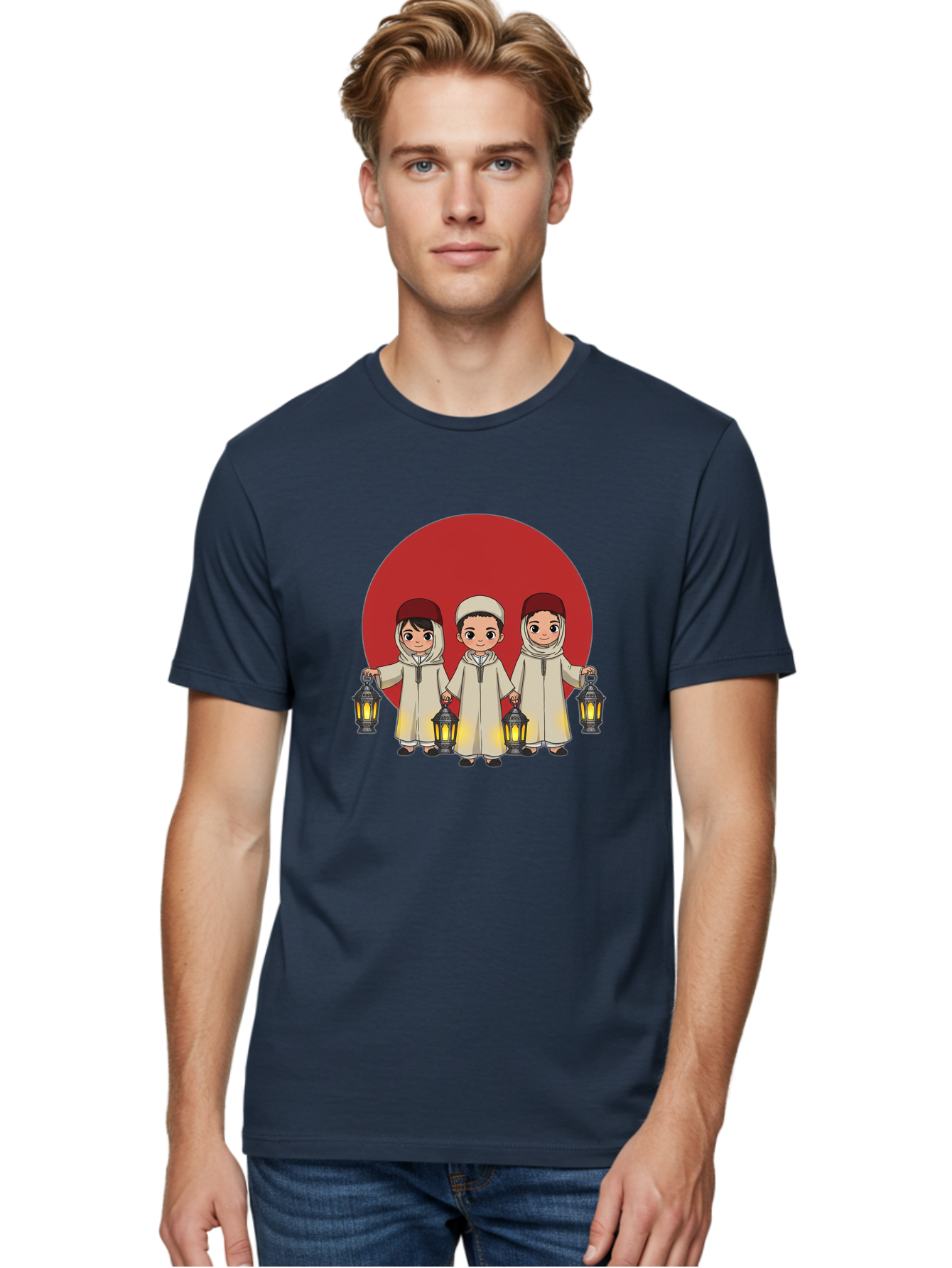 Children-With-Lanterns-1 Men'S Graphic Tee, 100% Cotton, Comfortable Casual Summer Wear, Machine Washable, Children In Traditional Clothing, Holding Lanterns, Ramadan Celebration, Islamic Culture, Festive Atmosphere, Happy Kids, Bac845