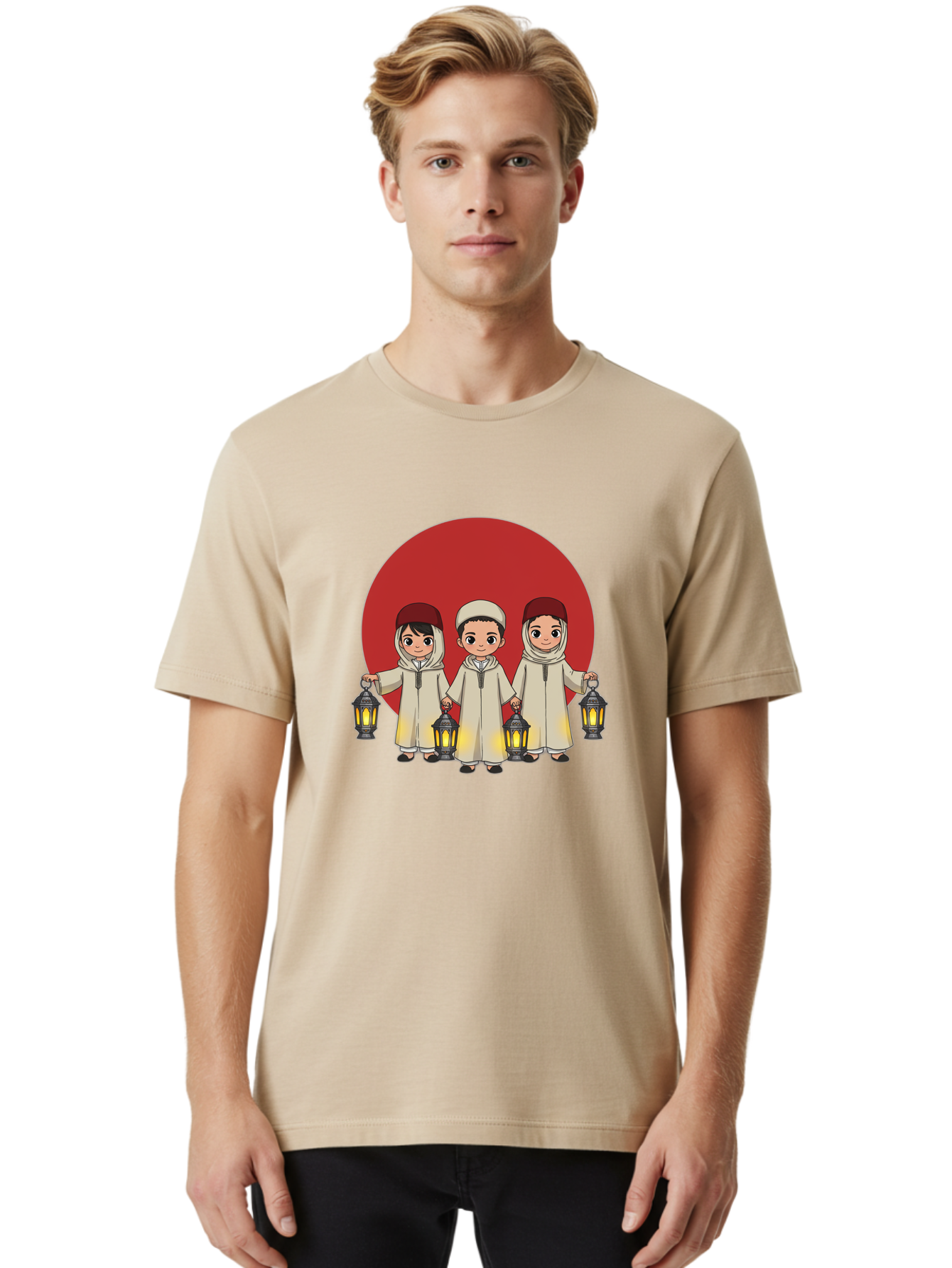 Children-With-Lanterns-1 Men'S Graphic Tee, 100% Cotton, Comfortable Casual Summer Wear, Machine Washable, Children In Traditional Clothing, Holding Lanterns, Ramadan Celebration, Islamic Culture, Festive Atmosphere, Happy Kids, Bac845