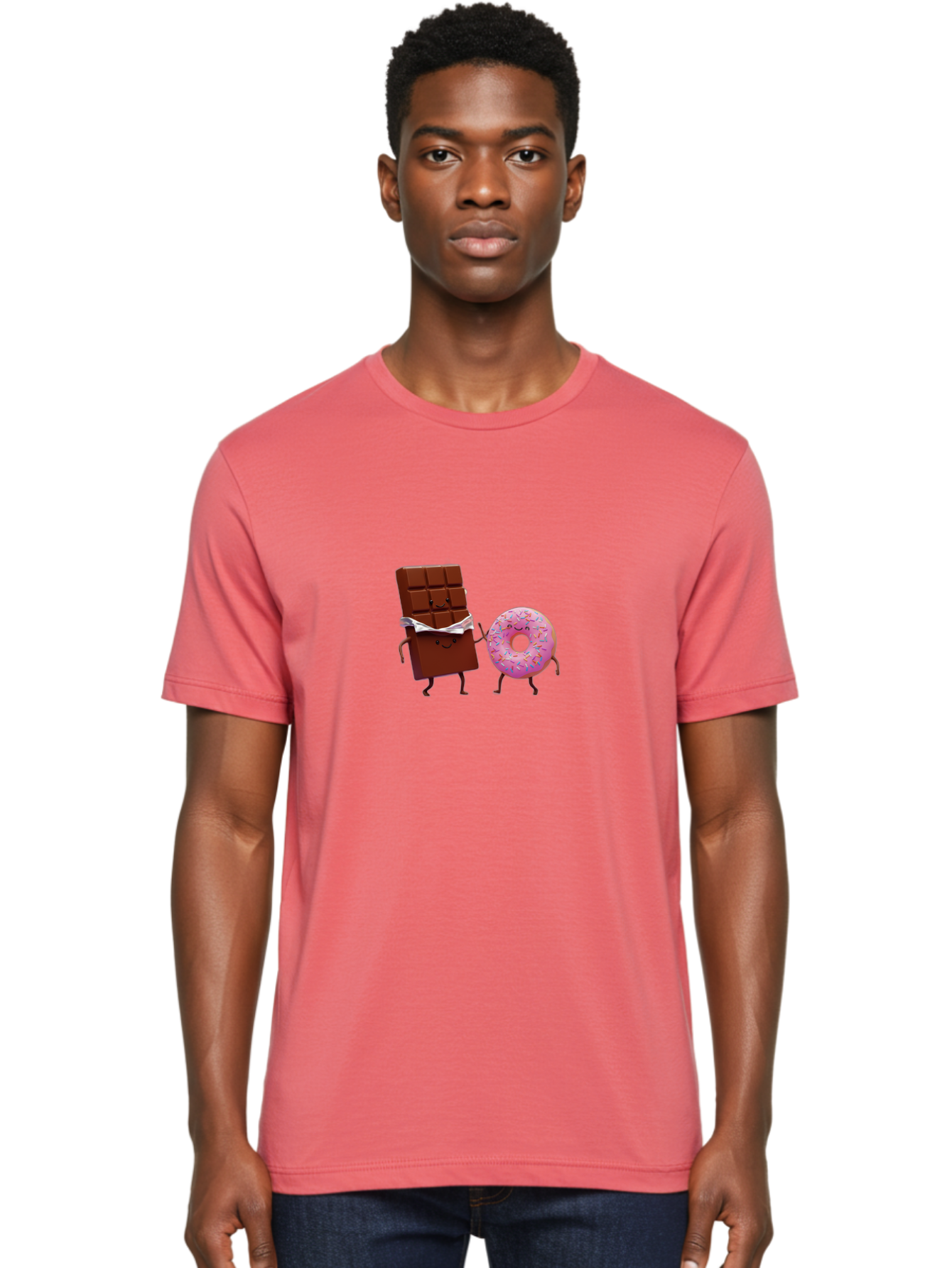 Chocolate-And-Donut Men'S Graphic Tee, 100% Cotton, Comfortable Casual Summer Wear, Machine Washable, Chocolate Bar, Donut With Sprinkles, Cartoon Characters, Sweet Treats, Dessert Lovers, Pastry, Baked Goods, Cute Graphic, Food Illustration Bac847