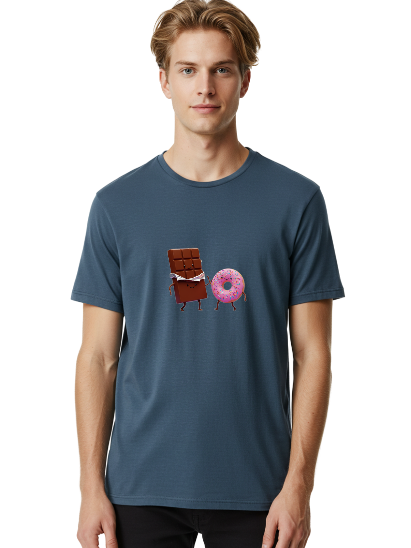 Chocolate-And-Donut Men'S Graphic Tee, 100% Cotton, Comfortable Casual Summer Wear, Machine Washable, Chocolate Bar, Donut With Sprinkles, Cartoon Characters, Sweet Treats, Dessert Lovers, Pastry, Baked Goods, Cute Graphic, Food Illustration Bac847