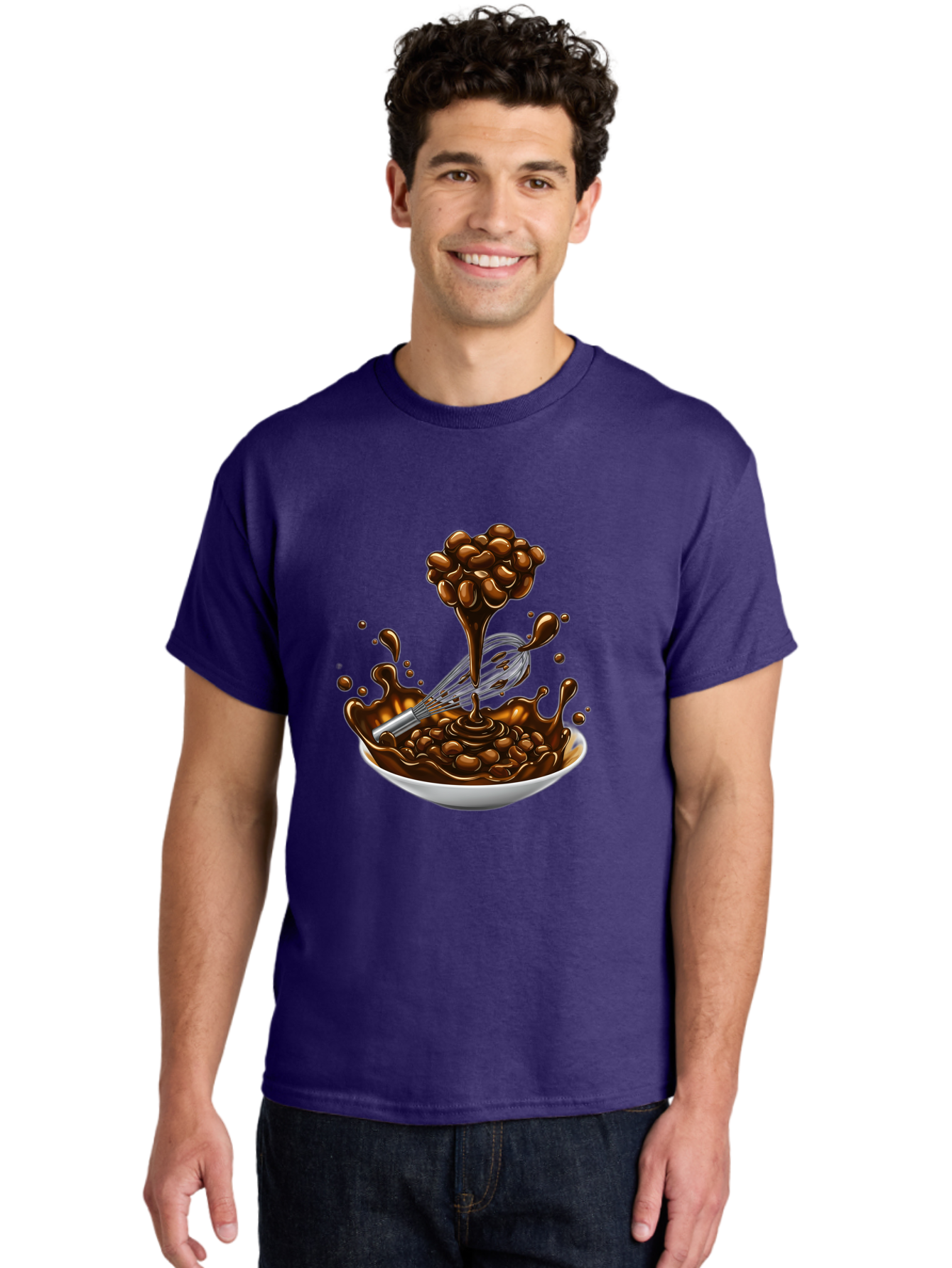 Chocolate Men'S Graphic Tee, 100% Cotton, Comfortable Casual Summer Wear, Machine Washable, Chocolate Sauce, Splatter Art, Whisk, White Bowl, Chocolate Beans, Coffee, Dessert, Sweet Treats, Indulgent, Rich, Decadent, Culinary Delight, Bac848